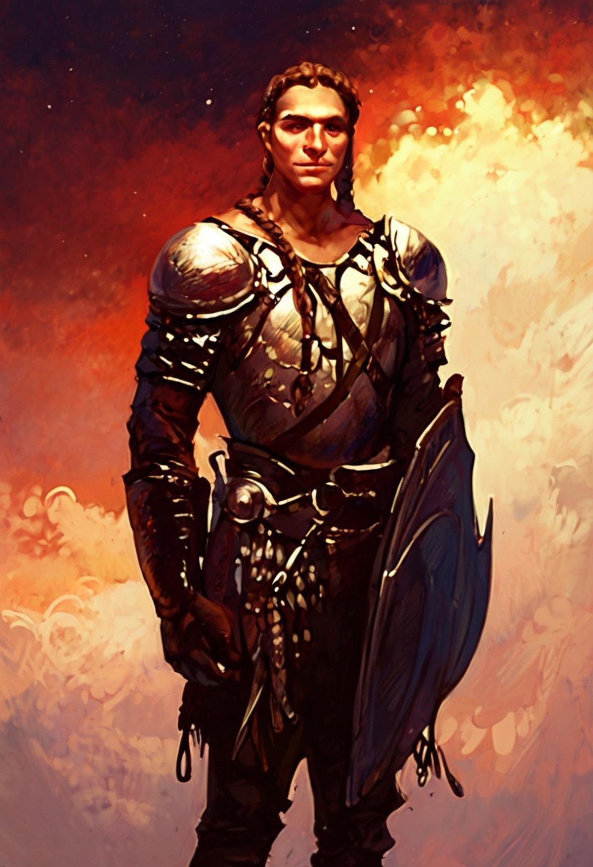 score_9, score_8_up, score_7_up, illustration of 1boy, justin_sweet_style, solo, male focus, holding sword and shield, shaved, white breastplate armor, braided hair, sun kissed skin, dark fantasy background