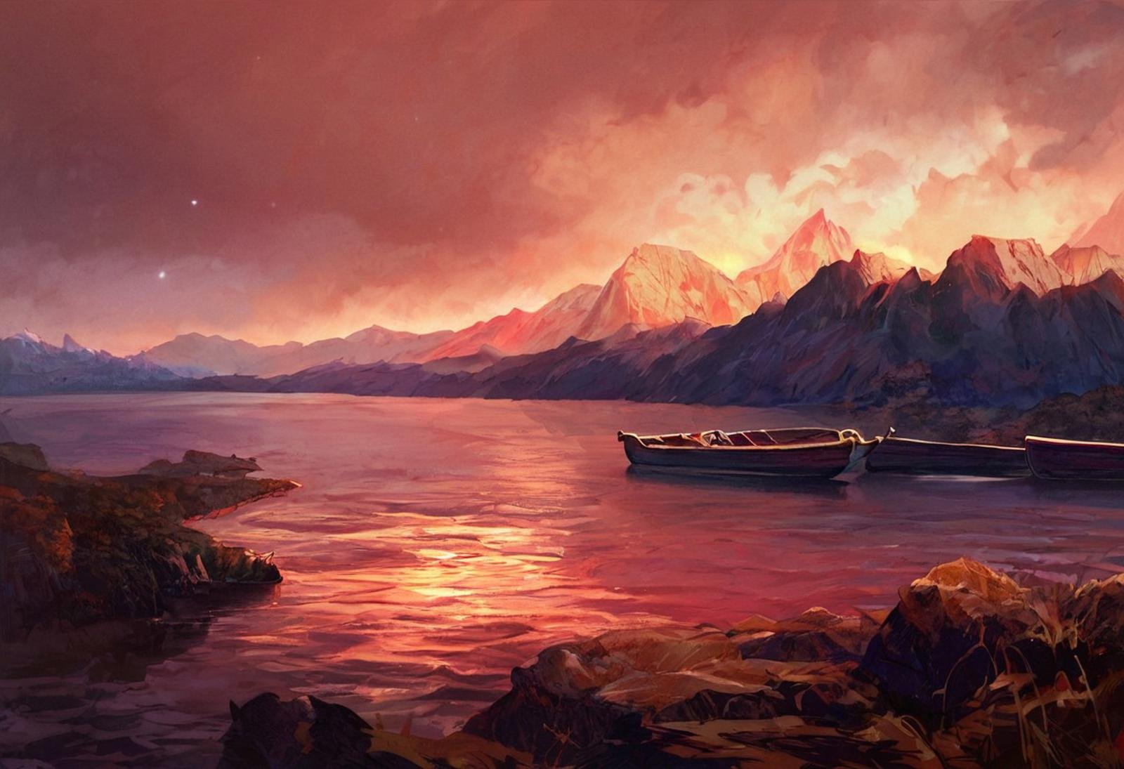 score_9, score_8_up, score_7_up, justin_sweet_style illustration of detailed background,( dark fantasy night landscape), amongst mountains, beautiful view, creeping, cloudy sky,  red Lake, Boat on a Lake, moody lighting, wisps of light, EasyNegativeV2