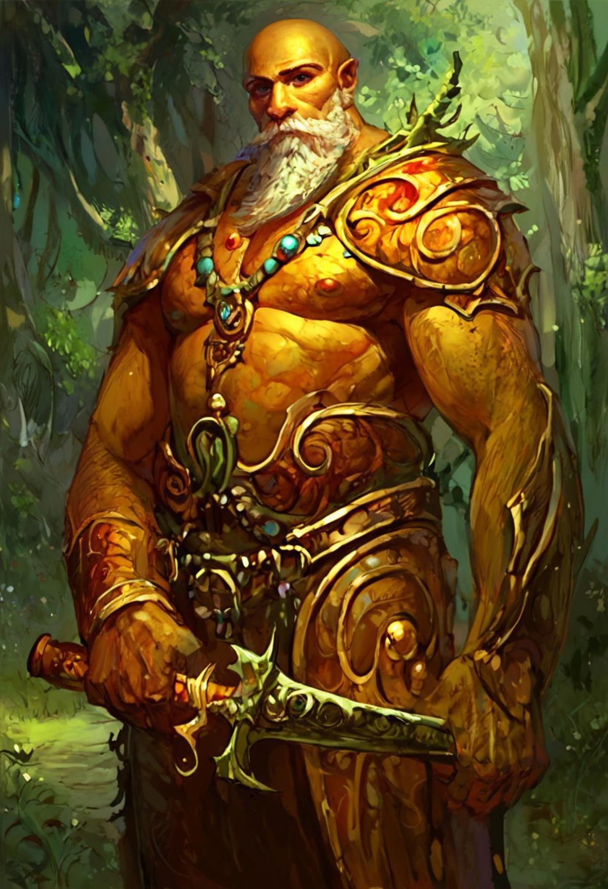 score_9, score_8_up, score_7_up, illustration of 1boy, justin_sweet_style, solo, male focus, holding sword,long beard, golden armor, bald, painted skin, dark fantasy background, nature