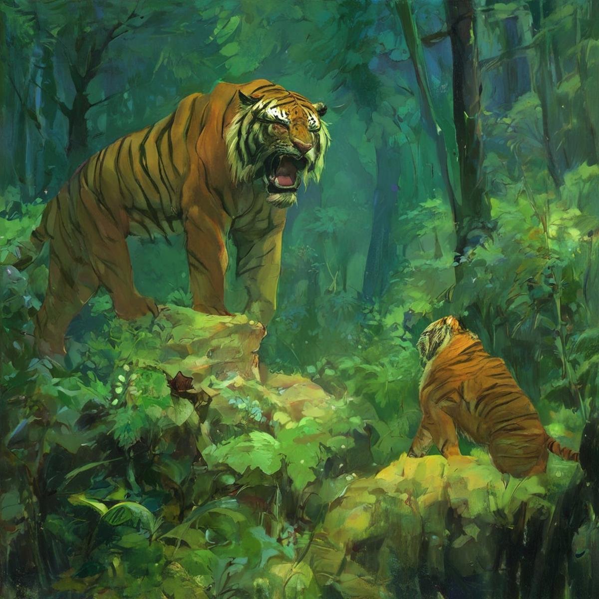 score_9, score_8_up, score_7_up, justin_sweet_style, tiger, night, nature, forest background