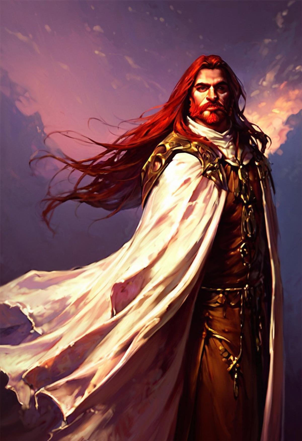 score_9, score_8_up, score_7_up, justin_sweet_style illustration of 1boy, solo, wizard, cloak, mage robe, white cape, red beard, black long hair, no amor, dark fantasy, realistic, EasyNegativeV2