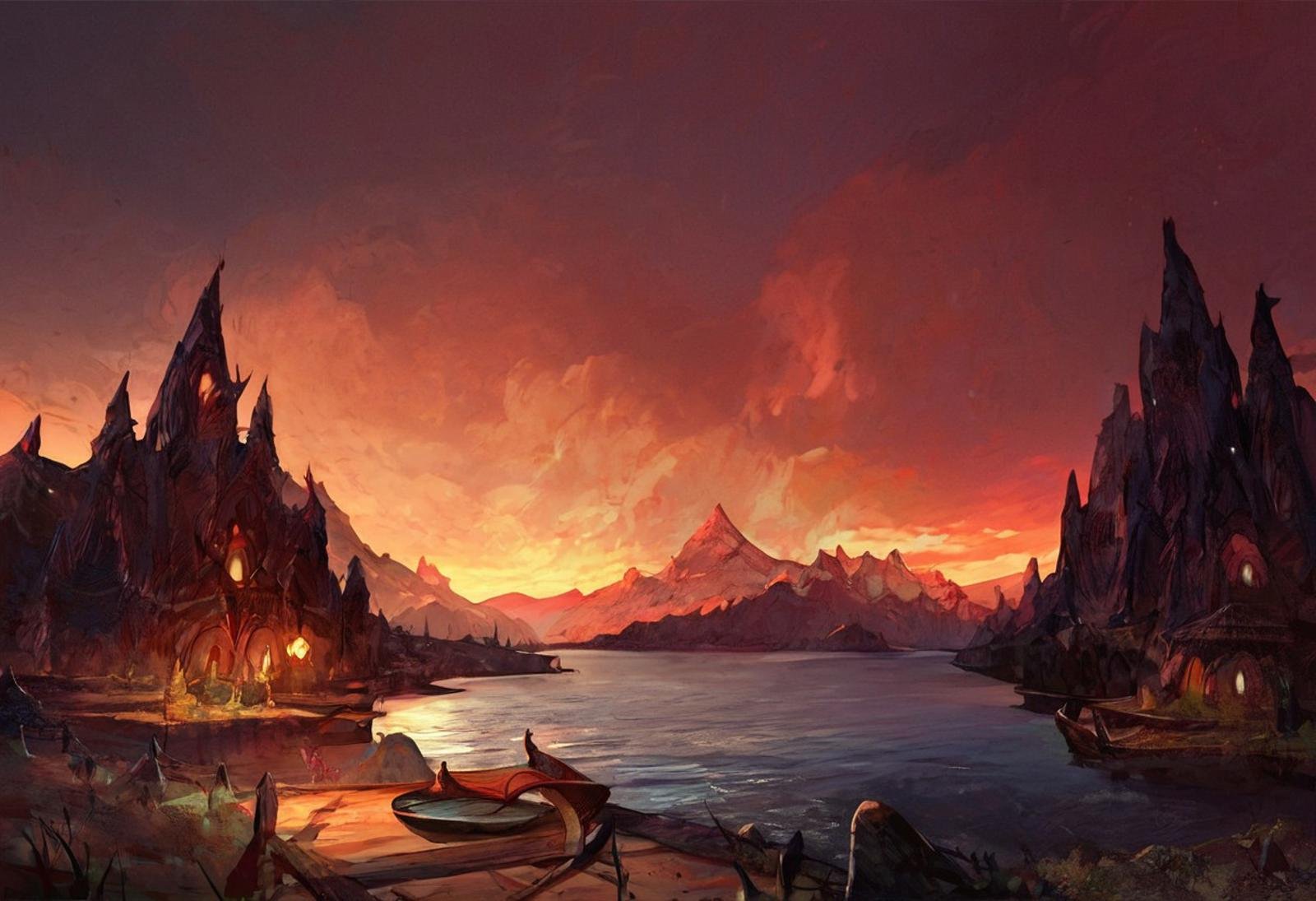 score_9, score_8_up, score_7_up, justin_sweet_style illustration of detailed background,( dark fantasy night landscape), amongst mountains, beautiful view, creeping, cloudy sky,  red Lake, Boat on a Lake, moody lighting, wisps of light, EasyNegativeV2