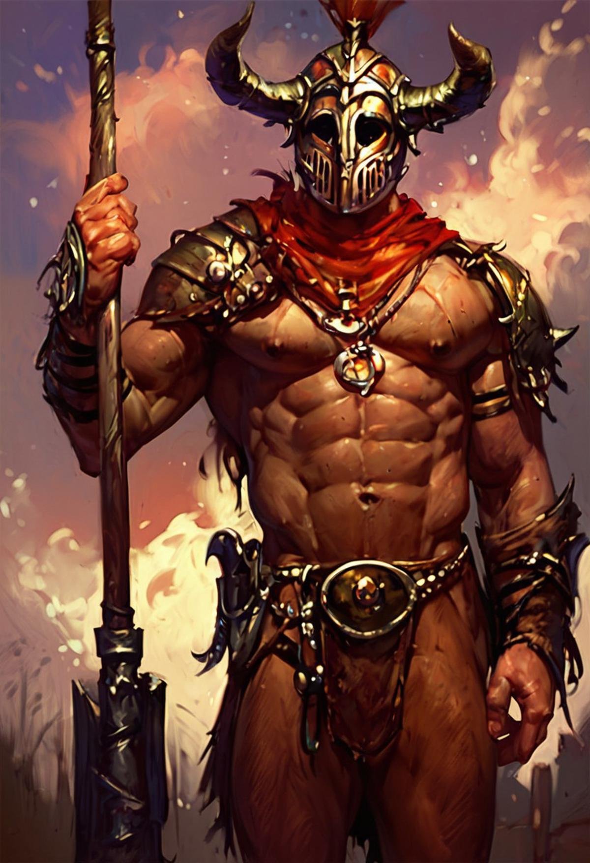 score_9, score_8_up, score_7_up, justin_sweet_style illustration of 1boy, solo, muscular, Helmet, horns, hammer and shield, no amor, dark fantasy, realistic, EasyNegativeV2