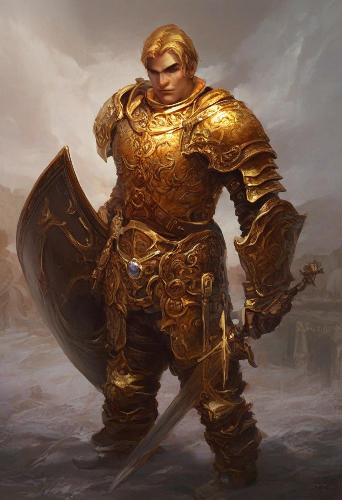 score_9, score_8_up, score_7_up, Justin_sweet_style illustration, 1boy, solo, golden armor,  sword, shield, fantasy background, 