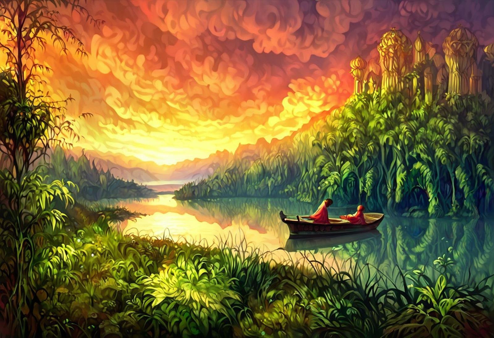 score_9, score_8_up, score_7_up, justin_sweet_style illustration of detailed background,( Calm spring night landscape), amongst lush greenery, beautiful view, creeping phlox in full bloom, creeping phlox, early morning, sunrise sky, beautiful clouds, dappled sunlight, outdoor seating, one lamp, Tranquil Lake, Boat on a Lake, depth of field, masterpiece,very aesthetic, intricate details, moody lighting, wisps of light, EasyNegativeV2