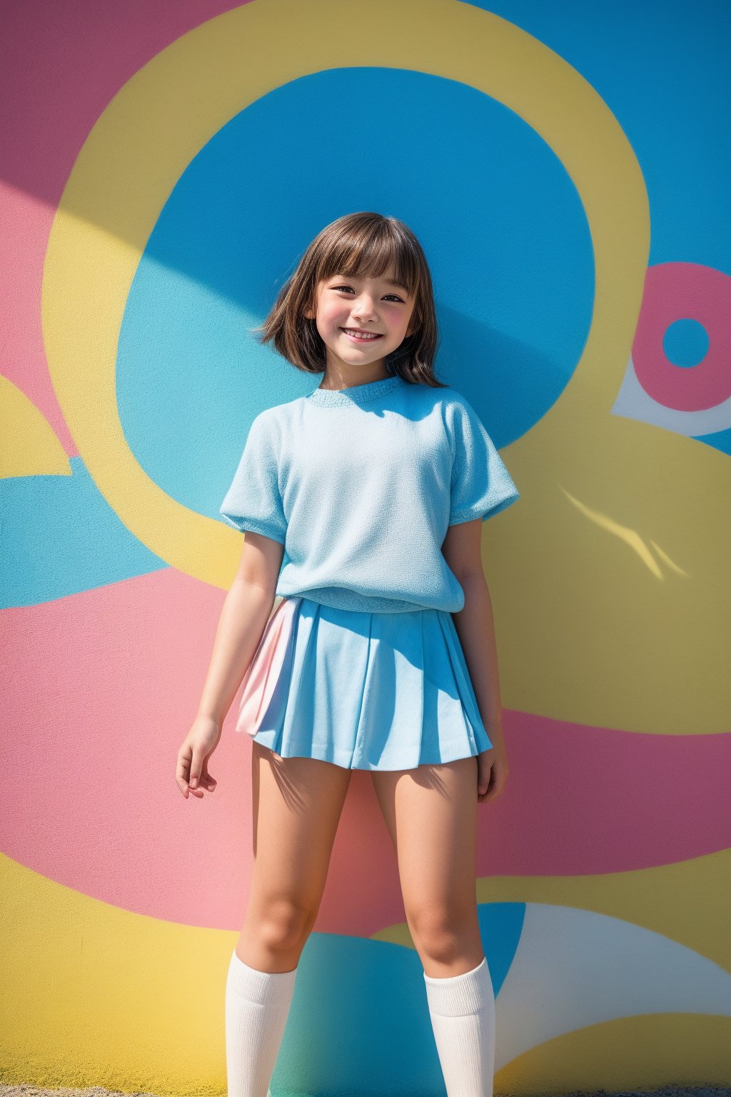 A stunning tween girl stands confidently in front of a vibrant Japanese-inspired mural, her kneehigh socks and bright smile radiating youthful energy. The warm summer sunlight casts a golden glow on her porcelain-doll complexion, highlighting the delicate features of her beautiful face. Her full body is posed elegantly against the colorful wall, as if frozen in a moment of joy. Shot in 8K HDR, this masterpiece captures the innocence and beauty of adolescence.