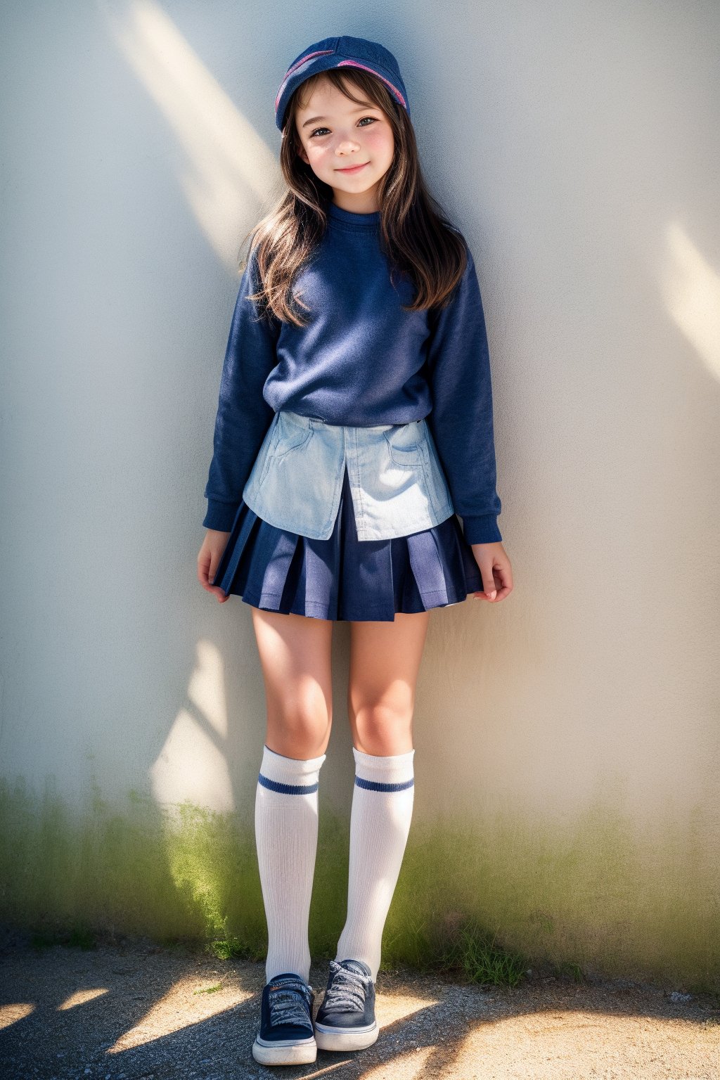 a tween girl with kneehighsocks on front of a wall,sun,sommer, full body view , beautiful face, 8k,hdr,masterpiece