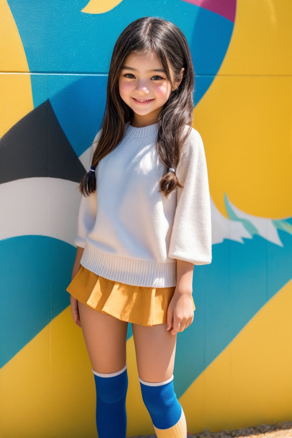 A stunning tween girl stands confidently in front of a vibrant Japanese-inspired mural, her kneehigh socks and bright smile radiating youthful energy. The warm summer sunlight casts a golden glow on her porcelain-doll complexion, highlighting the delicate features of her beautiful face. Her full body is posed elegantly against the colorful wall, as if frozen in a moment of joy. Shot in 8K HDR, this masterpiece captures the innocence and beauty of adolescence.