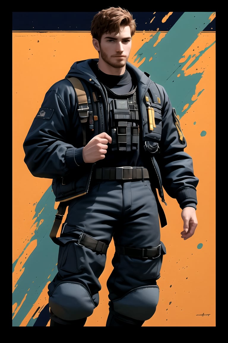 NiconaUt, a dashing 27-year-old Italian spy, stands confidently with muscular physique and chiseled features against a vibrant crayon background featuring a whimsical kingdom. His ginger facial hair adds a touch of ruggedness to his handsome face, framed by a short crew cut hairstyle. He wears a large BLACK jacket over a rendered shirt, Jodhpurs pants, and boots, exuding a sense of adventure as he strikes a dynamic pose. The MATTE PASTEL brushstrokes enhance the definition in his cheekbones, freckles, and overall creative vibe, radiating fun and coolness.,Niconaut