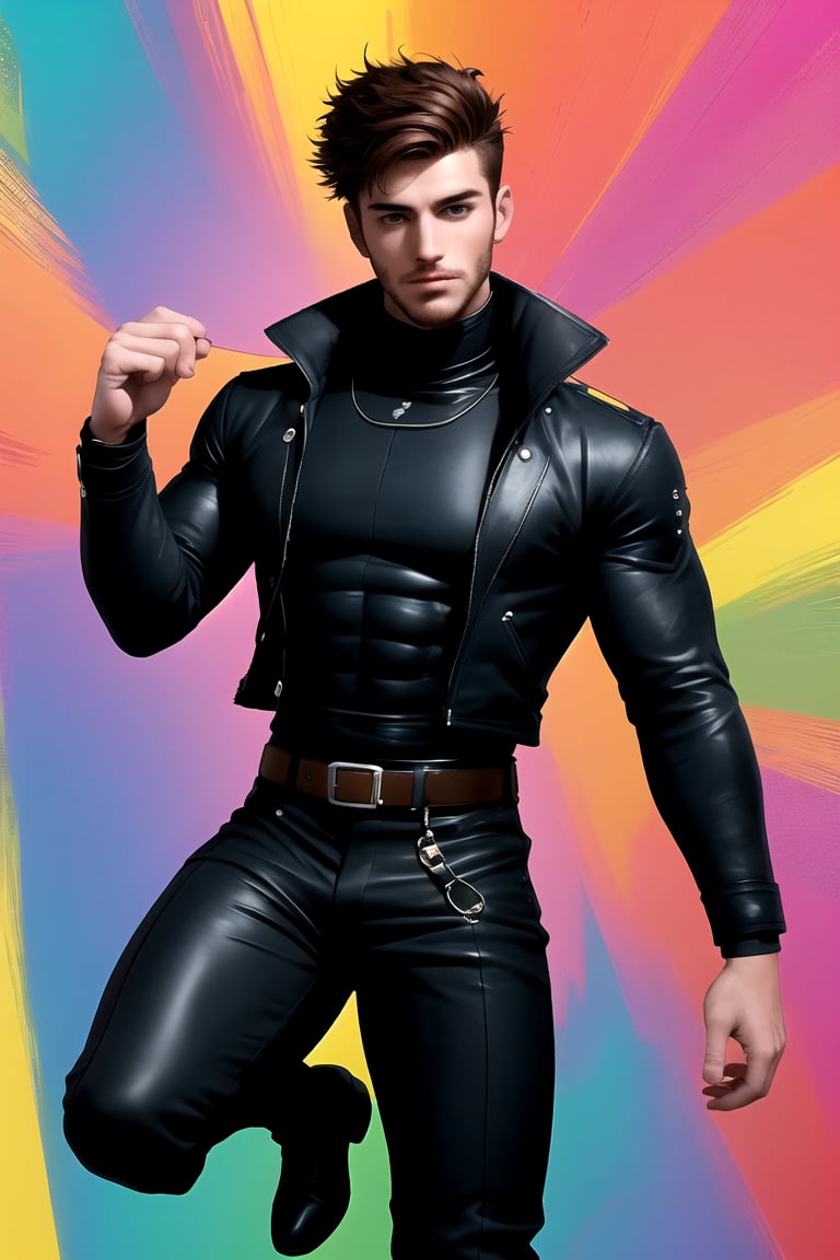 NiconaUt, a dashing 27-year-old Italian spy, stands confidently with muscular physique and chiseled features against a vibrant crayon background featuring a whimsical kingdom. His ginger facial hair adds a touch of ruggedness to his handsome face, framed by a short crew cut hairstyle. He wears a large BLACK jacket over a rendered shirt, Jodhpurs pants, and boots, exuding a sense of adventure as he strikes a dynamic pose. The MATTE PASTEL brushstrokes enhance the definition in his cheekbones, freckles, and overall creative vibe, radiating fun and coolness.,Niconaut