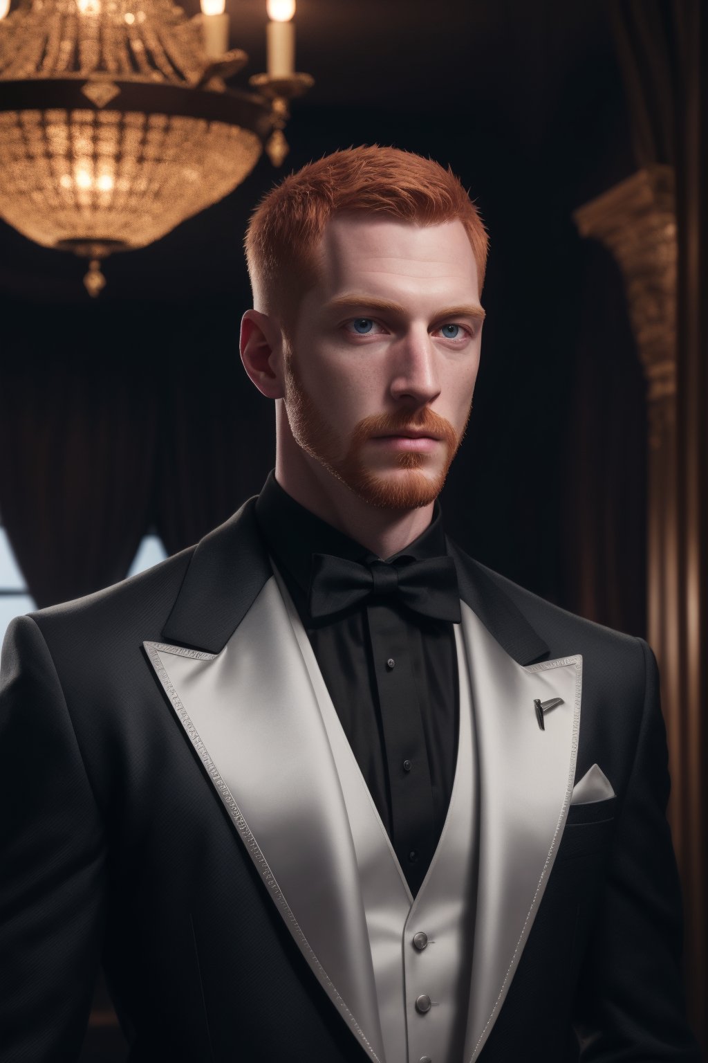 the slender, very pale, freckles, greek nose style, crew cut ginger hair, nice facial goatee, long masculine chin, addorned by his gree eyes, the noble younger mafia man, black tuxedo, black tie, new the curtains of the open windows, veneza through the windows, chandelier, charming mafie male person, professional uhd clear smooth clean cgi, highres, highdefinition, softglow effect, dramatic,Niconaut, SHARP FOCUS,ENHANCER,HIGHLY DETAILED