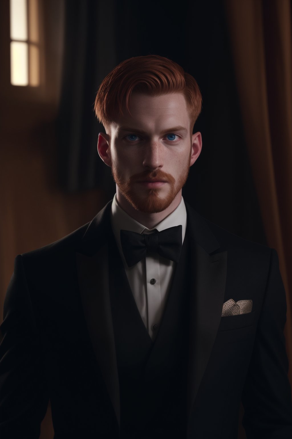 the slender, very pale, freckles, greek nose style, crew cut ginger hair, nice facial goatee, long masculine chin, addorned by his gree eyes, the noble younger mafia man, black tuxedo, black tie, new the curtains of the open windows, veneza through the windows, chandelier, charming mafie male person, professional uhd clear smooth clean cgi, highres, highdefinition, softglow effect, dramatic,Niconaut, SHARP FOCUS,ENHANCER,HIGHLY DETAILED