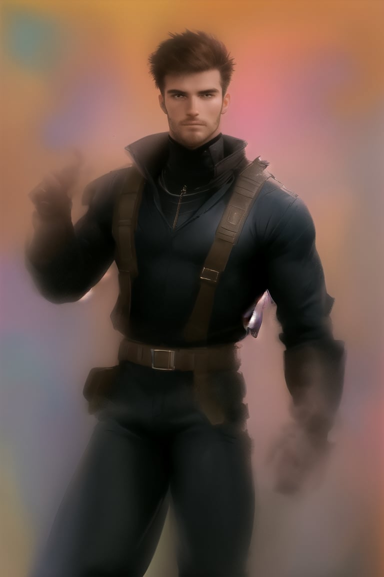 NiconaUt, a dashing 27-year-old Italian spy, stands confidently with muscular physique and chiseled features against a vibrant crayon background featuring a whimsical kingdom. His ginger facial hair adds a touch of ruggedness to his handsome face, framed by a short crew cut hairstyle. He wears a large BLACK jacket over a rendered shirt, Jodhpurs pants, and boots, exuding a sense of adventure as he strikes a dynamic pose. The MATTE PASTEL brushstrokes enhance the definition in his cheekbones, freckles, and overall creative vibe, radiating fun and coolness.,Niconaut