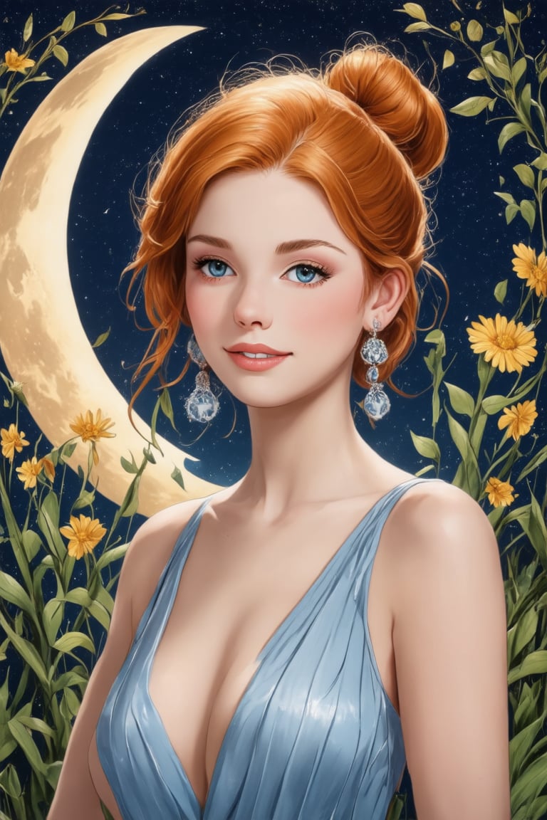 (1girl, smile, face focus, bun hair, perfect face, medium shot, gracefully, golden petals and green flowers form intricate patterns against the backdrop of the moon, reminiscent of the styles of Da Vinci), Detailed texture, High quality, High resolution, High precision, Realism, Color correction, Proper lighting settings, Harmonious composition, Behance Works,detail-rendering,Realistic Enhance,redhead,Fashion drawing