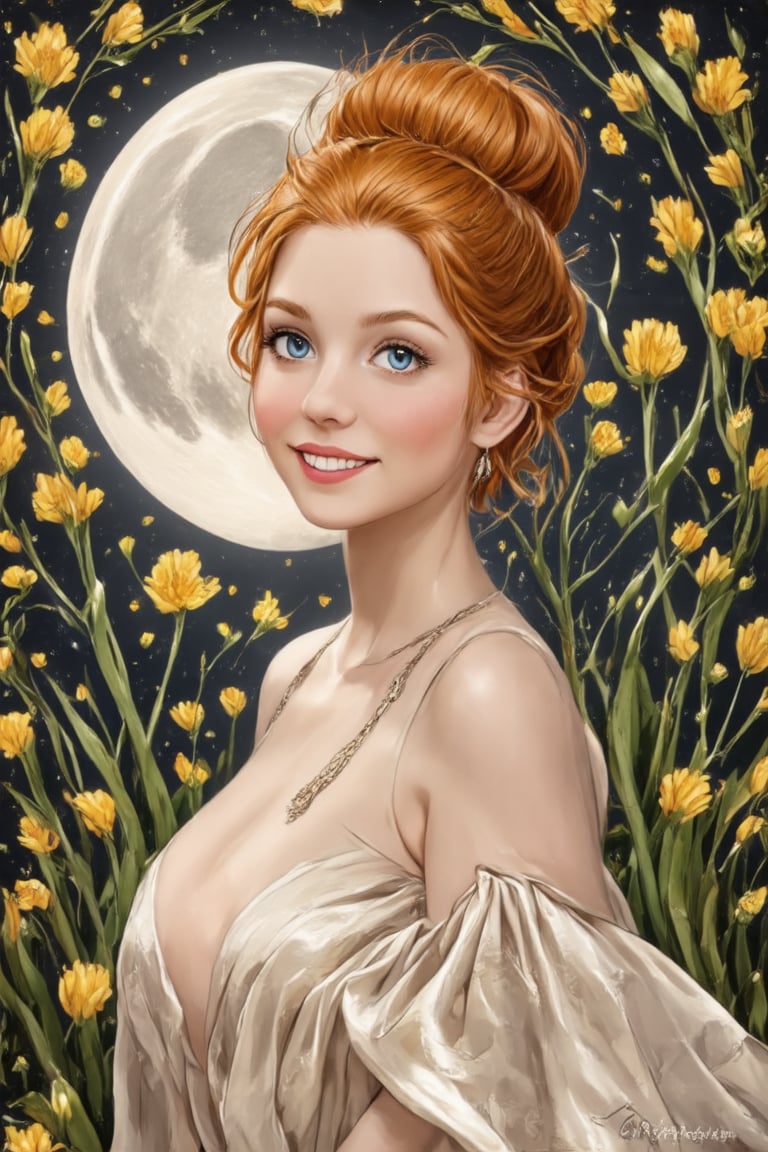 (1girl, smile, face focus, bun hair, perfect face, medium shot, gracefully, golden petals and green flowers form intricate patterns against the backdrop of the moon, reminiscent of the styles of Da Vinci), Detailed texture, High quality, High resolution, High precision, Realism, Color correction, Proper lighting settings, Harmonious composition, Behance Works,detail-rendering,Realistic Enhance,redhead,Fashion drawing