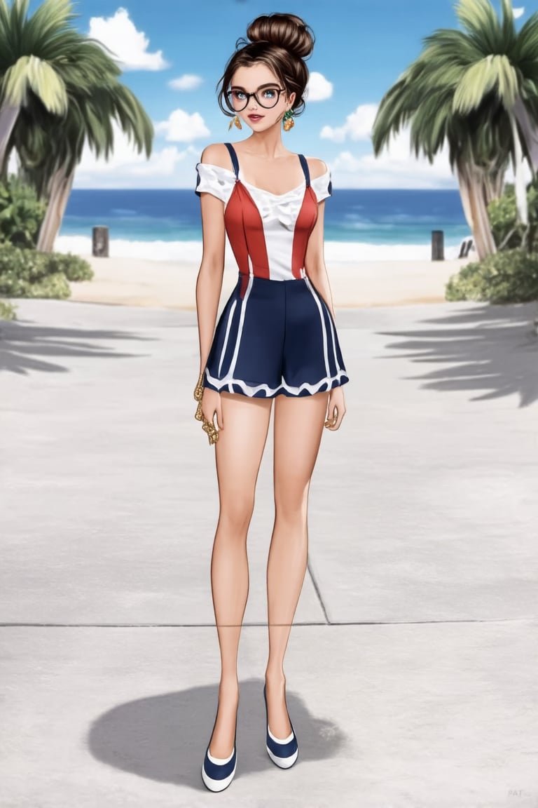 The image depicts a woman standing on a sidewalk in an urban setting. She is dressed in summer holiday outfit, combine colors perrfect.  She is accessorizing with a pair of glasses . Her hair is styled bun. In the background, there's a beach landscape. Realistic Enhance,digital art,Cartoon.