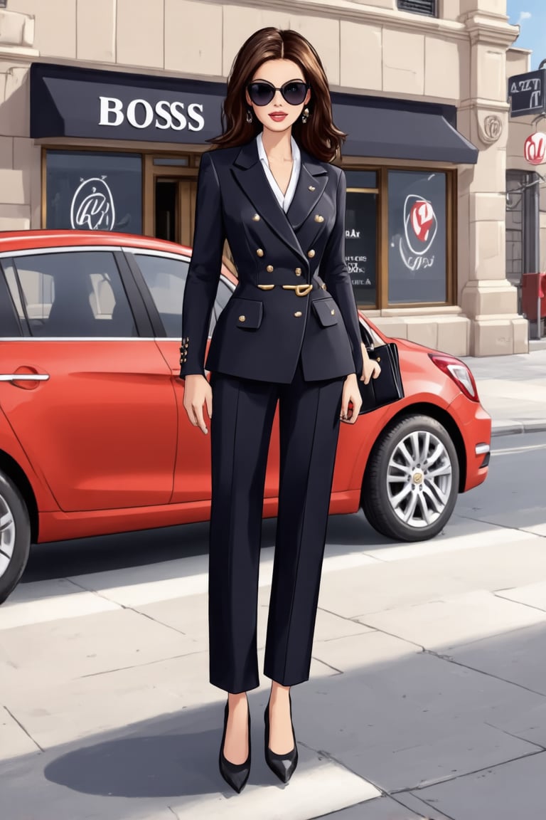 The image depicts a woman standing on a sidewalk in an urban setting. She is dressed in a suits with a belted waist, both featuring a similar color and material. The suits  has distinctive features such as a double-breasted design and a large lapel. She is accessorizing with a pair of black sunglasses and a black handbag that she carries over her shoulder. Her hair is styled straight and falls past her shoulders. In the background, there's a storefront with the word "BOSS" visible, suggesting a high-end fashion brand. A red car parked on the street adds to the city ambiance.,Realistic Enhance,digital art,Cartoon