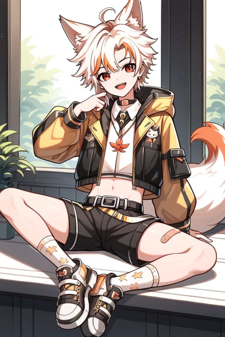 solo,male_child,BREAK,
vup-jl,vup-jl face,vup-jl fox ears,vup-jl multicolored hair,vup-jl jacket,vup-jl top,vup-jl belt and shorts,vup-jl shoes,vup-jl socks,vup-jl leg_belt,vup-jl bandaid on leg,BREAK,
(prefect_feets,prefect_hands,prefect_eyes:1.05),
sitting,head tilt,happy,BREAK,
score_9,score_8_up,score_7_up,score_6_up,score_5_up,source_anime,