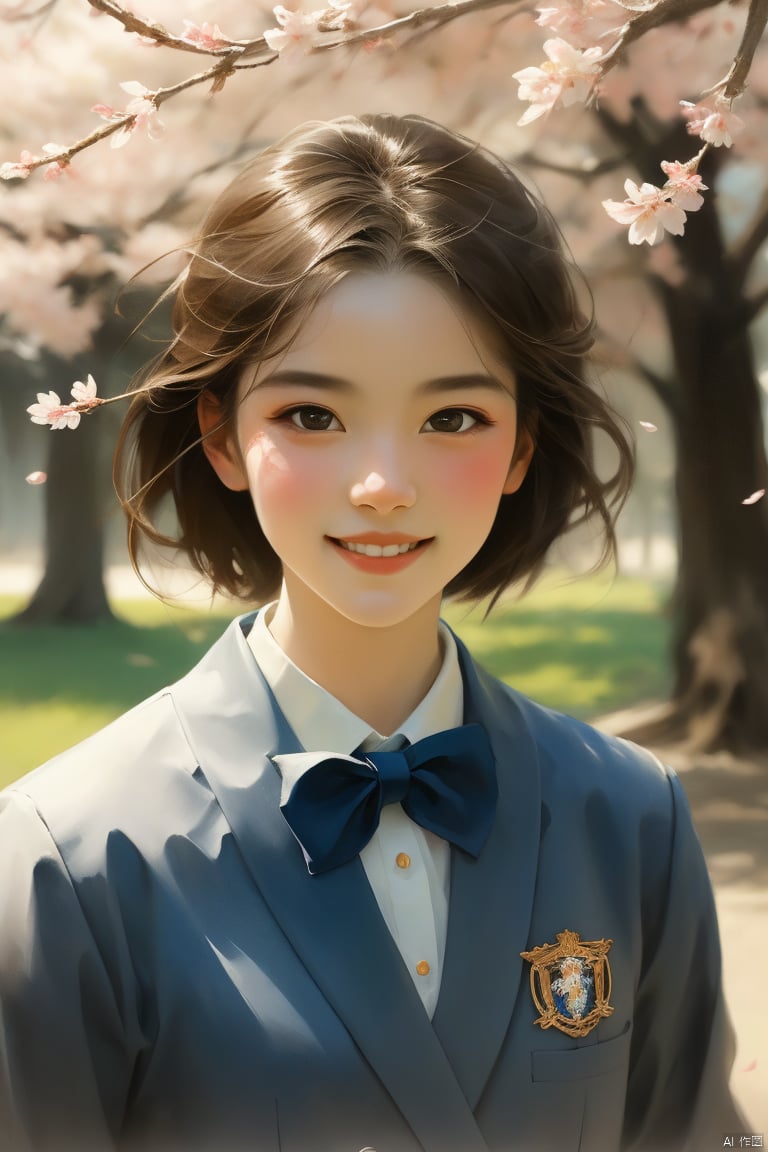  A high school girl wearing a JK uniform with a bow tie, surrounded by cherry blossoms, short hair, delicate and beautiful, full shot body photo of the most beautiful artwork in the world featuring JK girl with a bow tie standing in cherry blossoms, smiling, youthful, vibrant, heart professional majestic oil painting by Ed Blinkey, Atey Ghailan, Studio Ghibli, by Jeremy Mann, Greg Manchess, Antonio Moro, trending on ArtStation, trending on CGSociety, Intricate, High Detail, Sharp focus, dramatic, photorealistic painting art by midjourney and greg rutkowski., 1girl,portait