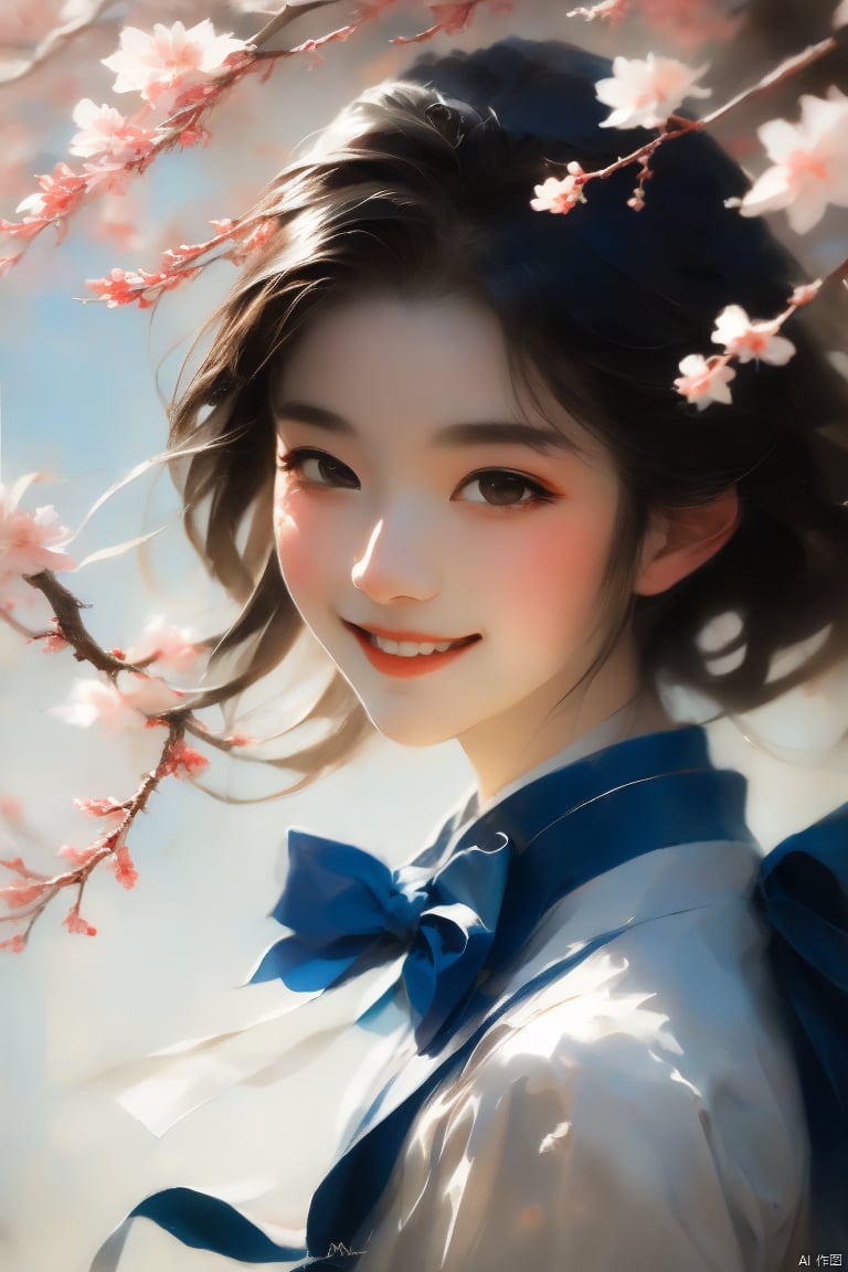  A high school girl wearing a JK uniform with a bow tie, surrounded by cherry blossoms, short hair, delicate and beautiful, full shot body photo of the most beautiful artwork in the world featuring JK girl with a bow tie standing in cherry blossoms, smiling, youthful, vibrant, heart professional majestic oil painting by Ed Blinkey, Atey Ghailan, Studio Ghibli, by Jeremy Mann, Greg Manchess, Antonio Moro, trending on ArtStation, trending on CGSociety, Intricate, High Detail, Sharp focus, dramatic, photorealistic painting art by midjourney and greg rutkowski., 1girl,portait