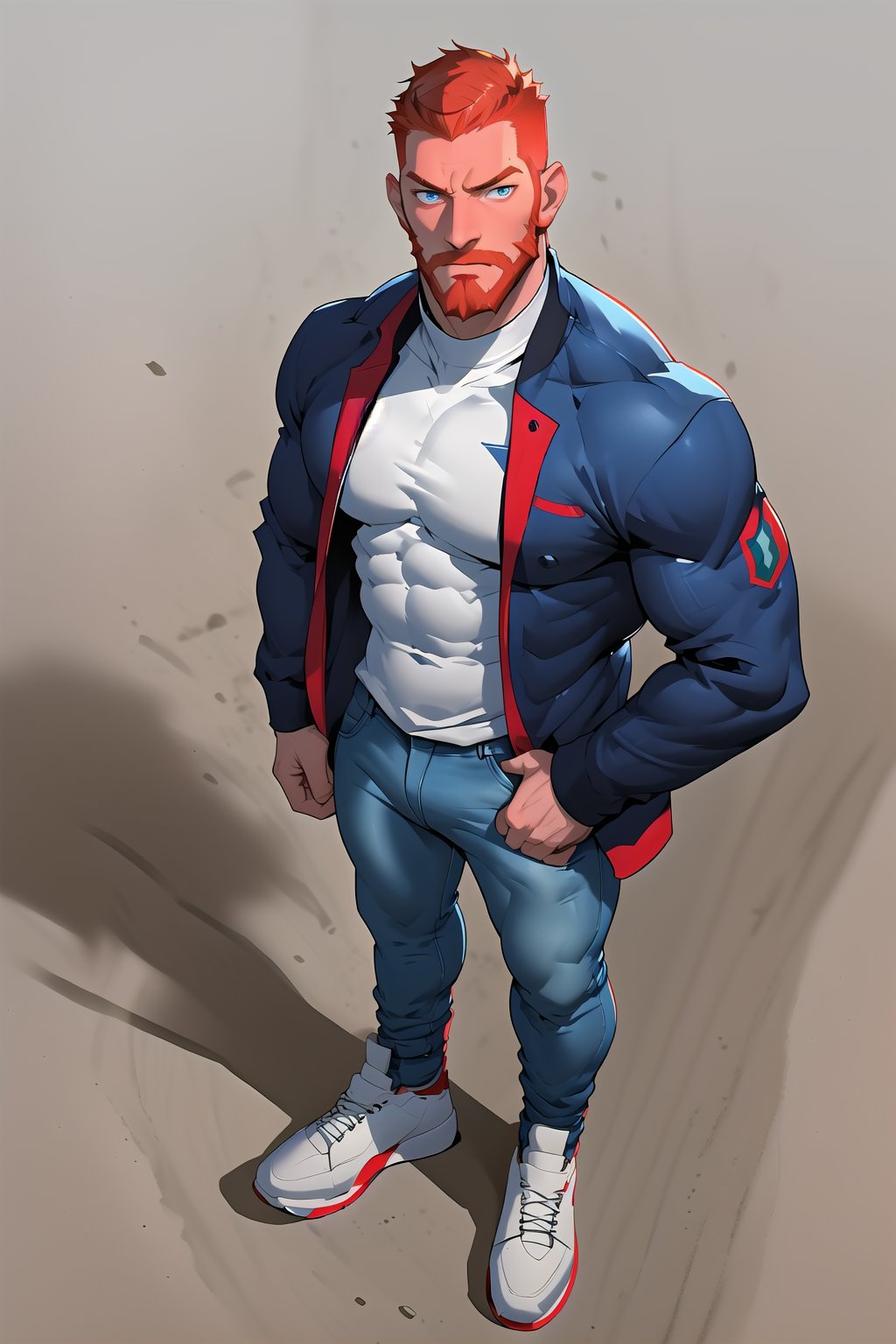 (masterpiece, from above), image ofa a ginger-bearded tall handsome muscular Italian male person, looking above, wearing male large jery on, wearing male large jeans on, wearing  symmetric large sneakers on, in best creative character design, craying, pencils, profession character contept style, dynamic pose, (slender, tall, slim), looking above