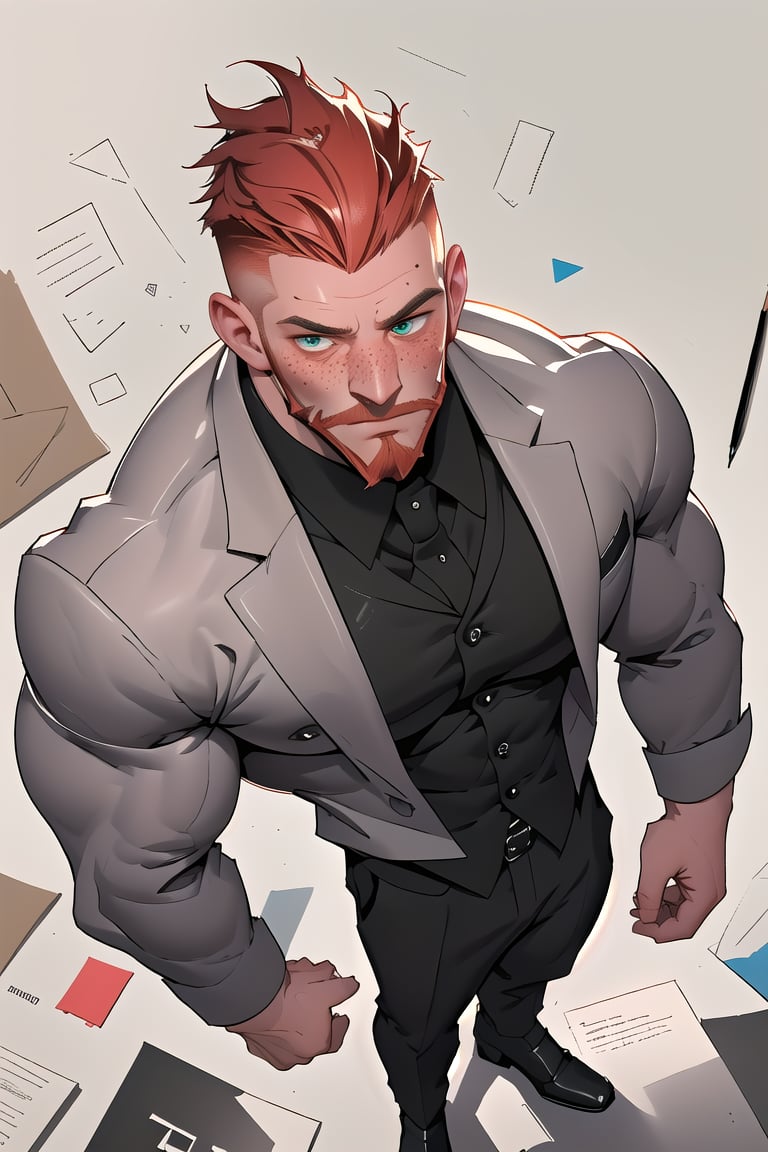 character professional design rendered in realistic high-octane Arnorld, firm-focused on a very-well-drawn masculine handsome realistic manly (red hair facialhair ) man in full height looking up at camera while wearing formal clothes in style at abstract crayon office, (well-rendered black collared buttond fully-clothed shirt on, dramatic, art in depth background, mystery composition, beard:1.3) , his short hair is ginger or redhaired, white paper ground background with text scribbles emotics, modern creative design award-winning, extremely perfect symmetric fair slender pale ginger-bearded Italian  male person in office clothes looking at viewer from above, rendered in realistic Arnold, he has symmetric sleeved arms, symmetric detailed masculine greeneyes, (((detailed prominent cheekbones, blush, freckles, very long masculine unshave chin))), Artstantion contest-winner, original, new, letters, symbols, scattered legs in background very creative, outstanding perspective and 27yearoldmanlyinformalclothes composition, highres image scan, newest,niconawt, (very artistic random strokes background), (((only realistic, realistic style, realism, real, only new), impressive strong softgloweffect, professiona very smooth clear clean highres absurdres image scan, commerical professional photo, matte colorful cinestill in ultraquality)), (his long crooked nose at own long masculine nose), (very different peculiar male face as in dataset just accept), SHARP FOCUS,HIGHLY DETAILED,ENHANCER