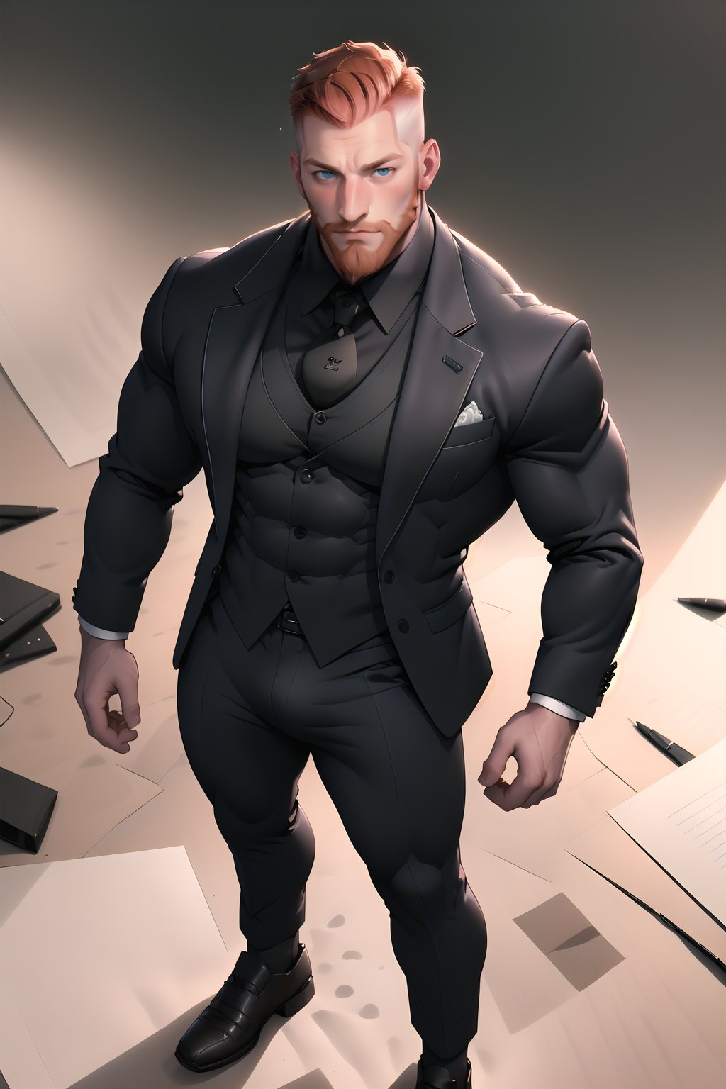 characte professional design rendered in realistic high-octane Arnorld, firm-focused on a very-well-drawn masculine handsome realistic manly (red hair facialhair ) man in full height looking up at camera while wearing formal clothes in style at abstract crayon office, (well-rendered black collared buttond fully-clothed shirt on, dramatic, art in depth background, mystery composition, beard:1.3) , his short hair is ginger or redhaired, white paper ground background with text scribbles emotics, modern creative design award-winning, extremely perfect symmetric fair slender pale ginger-bearded Italian  male person in office clothes looking at viewer from above, rendered in realistic Arnold, he has symmetric sleeved arms, symmetric detailed masculine greeneyes, (((detailed prominent cheekbones, blush, freckles, very long masculine unshave chin))), Artstantion contest-winner, original, new, letters, symbols, scattered legs in background very creative, outstanding perspective and 27yearoldmanlyinformalclothes composition, highres image scan, newest,niconawt, (very artistic random strokes background), (((only realistic, realistic style, realism, real, only new), impressive strong softgloweffect, professiona very smooth clear clean highres absurdres image scan, commerical professional photo, matte colorful cinestill in ultraquality)), (his thick long crooked nose at own long masculine nose), (very different peculiar male face as in dataset just accept), SHARP FOCUS,HIGHLY DETAILED,ENHANCER