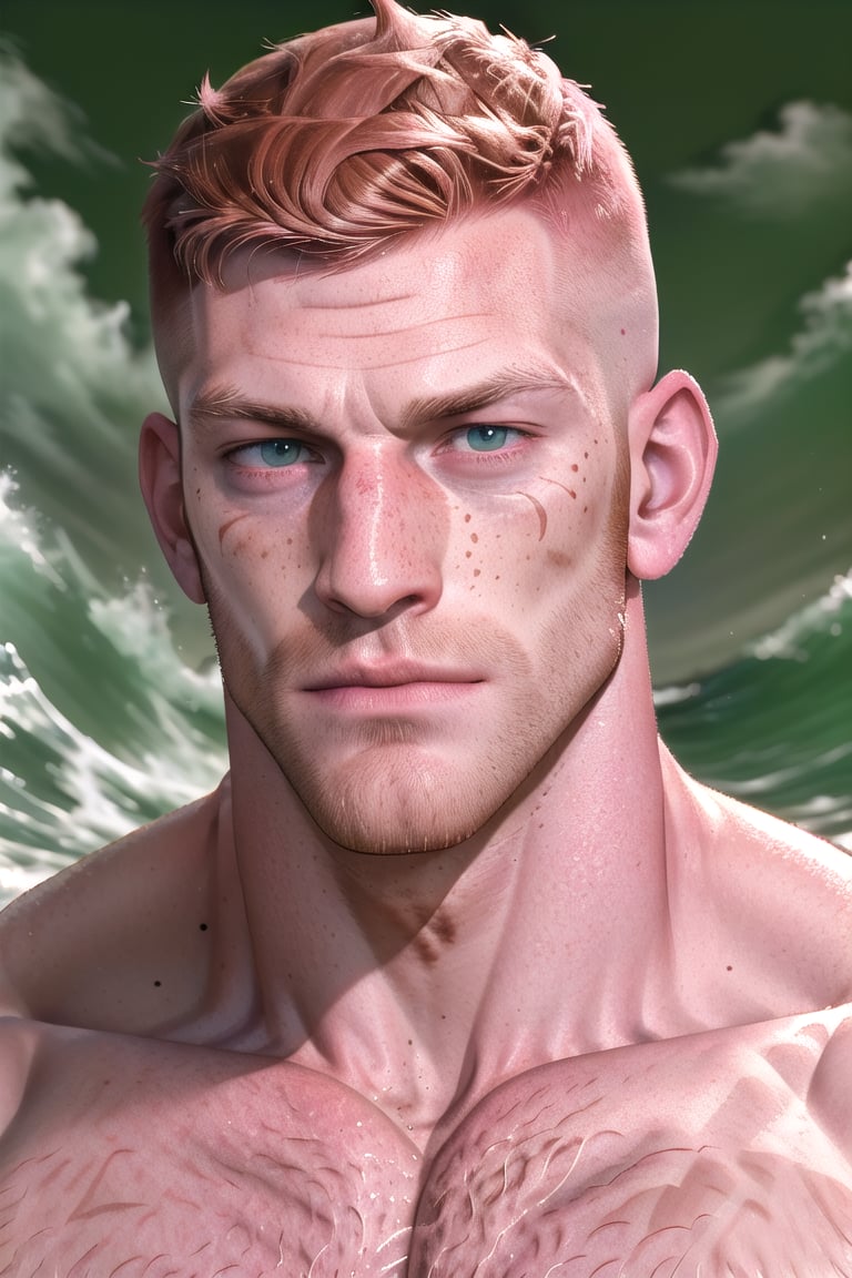 character professional design rendered in realistic high-octane Arnorld, firm-focused on a very-well-drawn masculine handsome realistic manly (red hair facialhair ) man in full height looking up at camera, (crew cut hairstyle, short hair), wearing well-rendered fully-clothed sailor shirt on, sailor pants on, sailor hat on, abstract sea background, crayon sky clouds, design, highres image scan, artistic, long ching at own chin, prominent cheekbones, long nose,  symmetric detailed masculine greeneyes, (((long face, long chin, detailed prominent cheekbones, blush, freckles, very long masculine unshave chin))), Artstation contest-winner, original,  niconawt