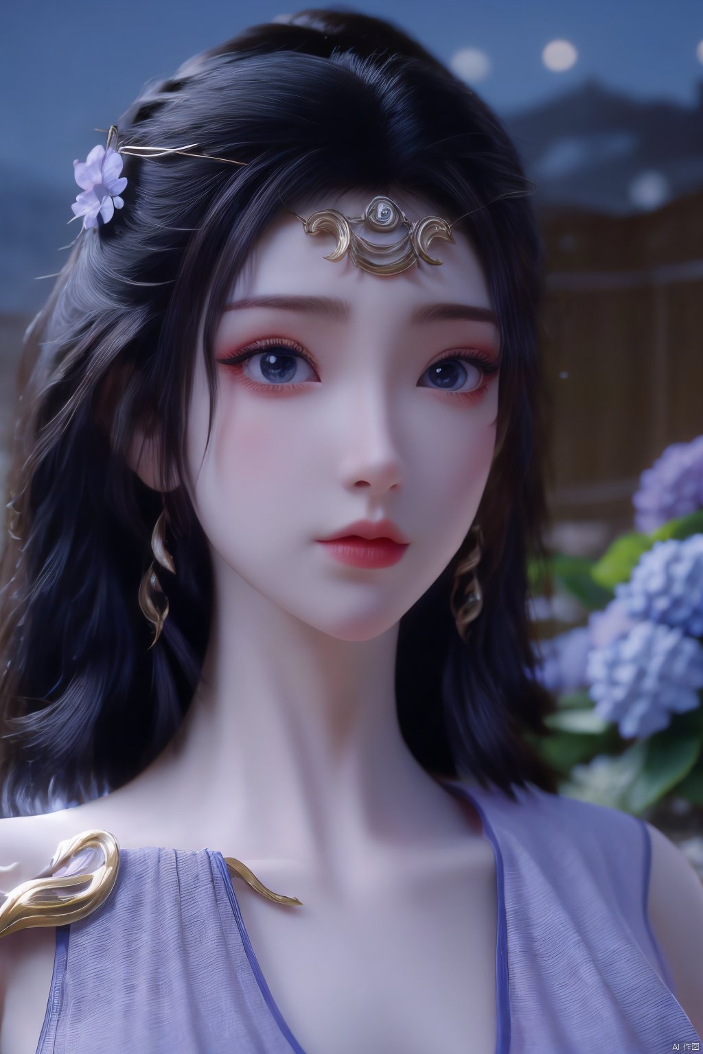 (Masterpiece:1.2), best quality,1girl,blue eyes,long white hair,silver crown,armor,headwear,gufeng,half body photo,petal,real,photo realistic,highly detailed,(masterpiece),(high quality),best quality,super detailed,full detail,4k,8k,(big breasts:1.39),X-Hydrangea,(full moon,Hydrangea:1.29),Xwensiyue