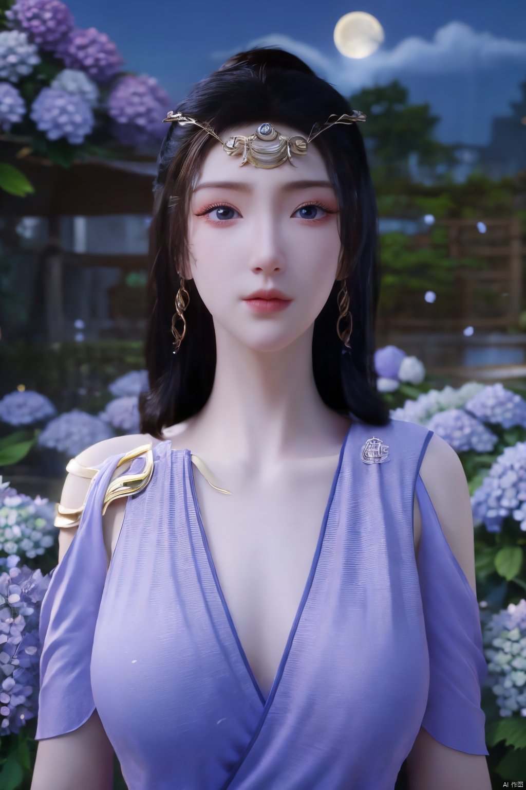 (Masterpiece:1.2), best quality,1girl,blue eyes,long white hair,silver crown,armor,headwear,gufeng,half body photo,petal,real,photo realistic,highly detailed,(masterpiece),(high quality),best quality,super detailed,full detail,4k,8k,(big breasts:1.39),X-Hydrangea,(full moon,Hydrangea:1.29),Xwensiyue