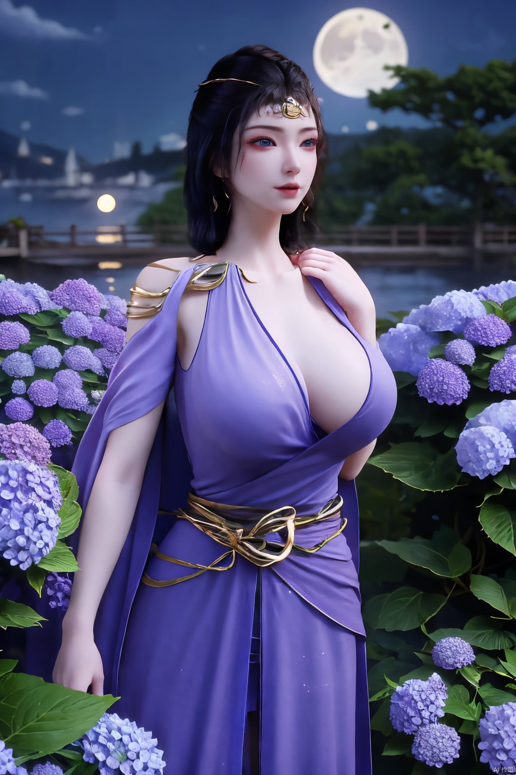 (Masterpiece:1.2), best quality,1girl,blue eyes,long white hair,silver crown,armor,headwear,gufeng,half body photo,petal,real,photo realistic,highly detailed,(masterpiece),(high quality),best quality,super detailed,full detail,4k,8k,(big breasts:1.39),X-Hydrangea,(full moon,Hydrangea:1.29),Xwensiyue