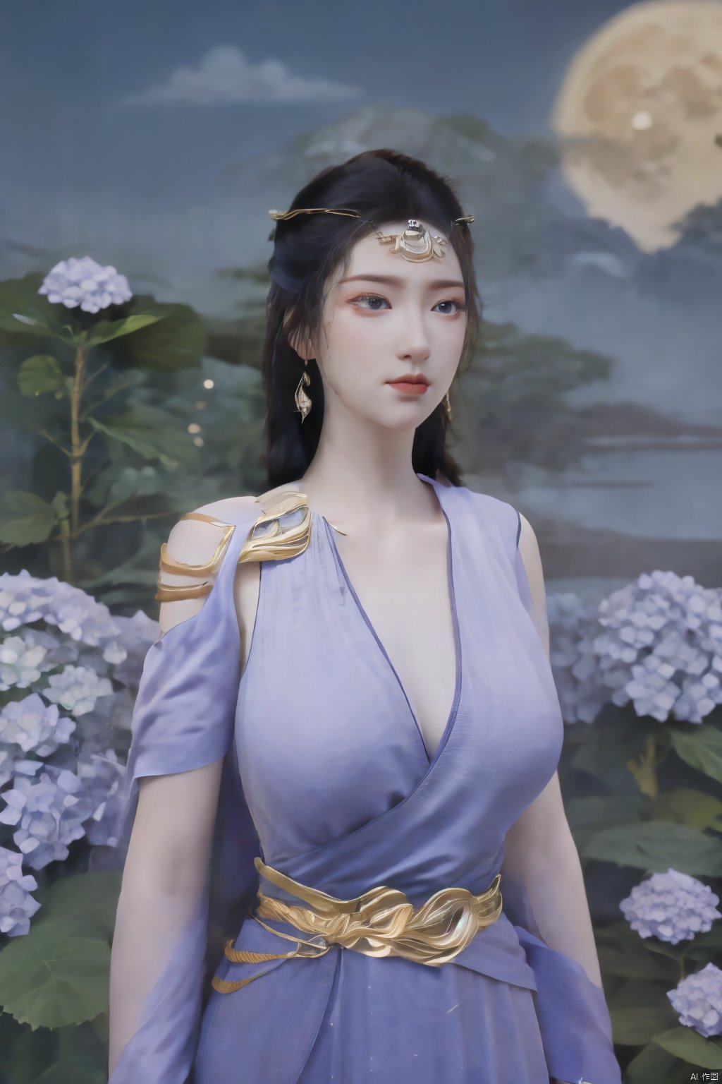 (Masterpiece:1.2), best quality,1girl,blue eyes,long white hair,silver crown,armor,headwear,gufeng,half body photo,petal,real,photo realistic,highly detailed,(masterpiece),(high quality),best quality,super detailed,full detail,4k,8k,(big breasts:1.39),X-Hydrangea,(full moon,Hydrangea:1.29),Xwensiyue