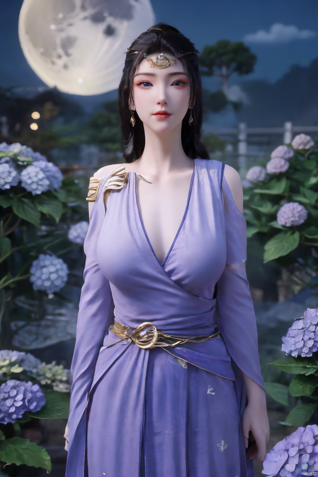 (Masterpiece:1.2), best quality,1girl,blue eyes,long white hair,silver crown,armor,headwear,gufeng,half body photo,petal,real,photo realistic,highly detailed,(masterpiece),(high quality),best quality,super detailed,full detail,4k,8k,(big breasts:1.39),X-Hydrangea,(full moon,Hydrangea:1.29),Xwensiyue