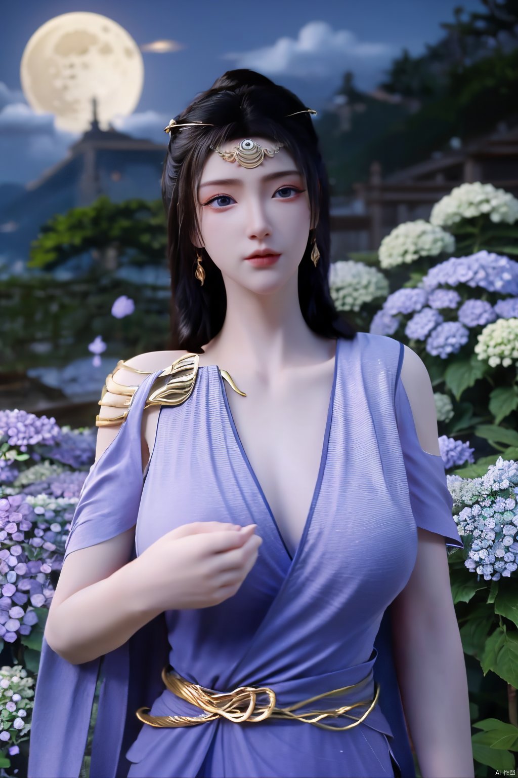 (Masterpiece:1.2), best quality,1girl,blue eyes,long white hair,silver crown,armor,headwear,gufeng,half body photo,petal,real,photo realistic,highly detailed,(masterpiece),(high quality),best quality,super detailed,full detail,4k,8k,(big breasts:1.39),X-Hydrangea,(full moon,Hydrangea:1.29),Xwensiyue