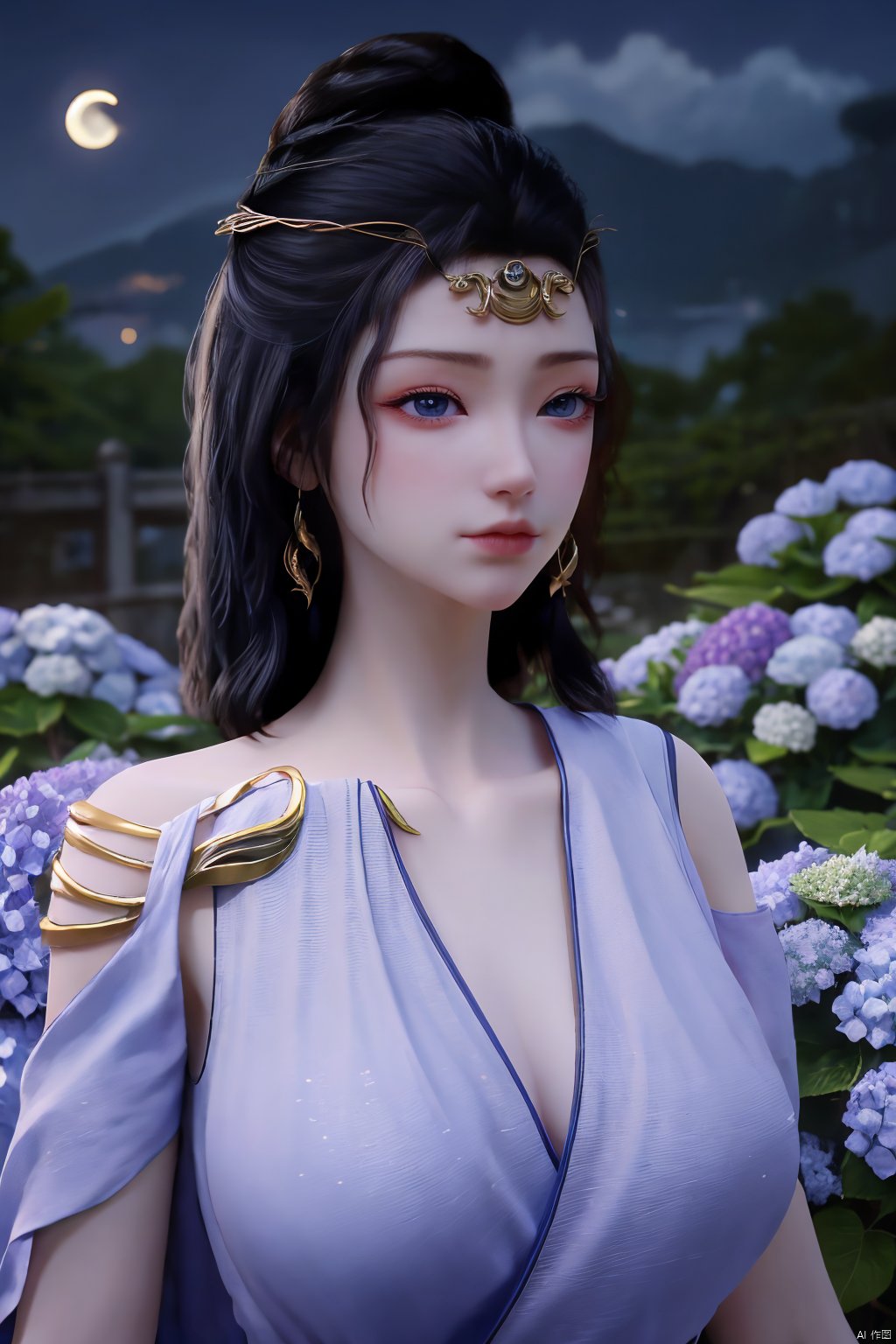 (Masterpiece:1.2), best quality,1girl,blue eyes,long white hair,silver crown,armor,headwear,gufeng,half body photo,petal,real,photo realistic,highly detailed,(masterpiece),(high quality),best quality,super detailed,full detail,4k,8k,(big breasts:1.39),X-Hydrangea,(full moon,Hydrangea:1.29),Xwensiyue