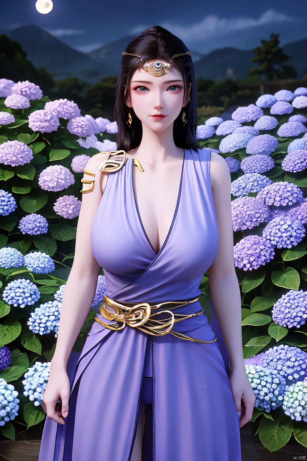 (Masterpiece:1.2), best quality,1girl,blue eyes,long white hair,silver crown,armor,headwear,gufeng,half body photo,petal,real,photo realistic,highly detailed,(masterpiece),(high quality),best quality,super detailed,full detail,4k,8k,(big breasts:1.5),X-Hydrangea,(full moon,Hydrangea:1.29),Xwensiyue