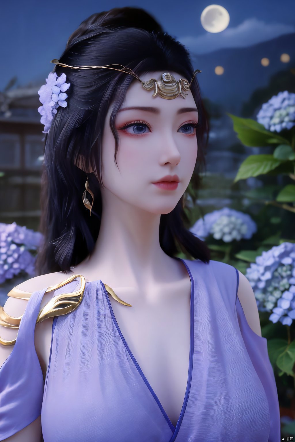 (Masterpiece:1.2), best quality,1girl,blue eyes,long white hair,silver crown,armor,headwear,gufeng,half body photo,petal,real,photo realistic,highly detailed,(masterpiece),(high quality),best quality,super detailed,full detail,4k,8k,(big breasts:1.39),X-Hydrangea,(full moon,Hydrangea:1.29),Xwensiyue