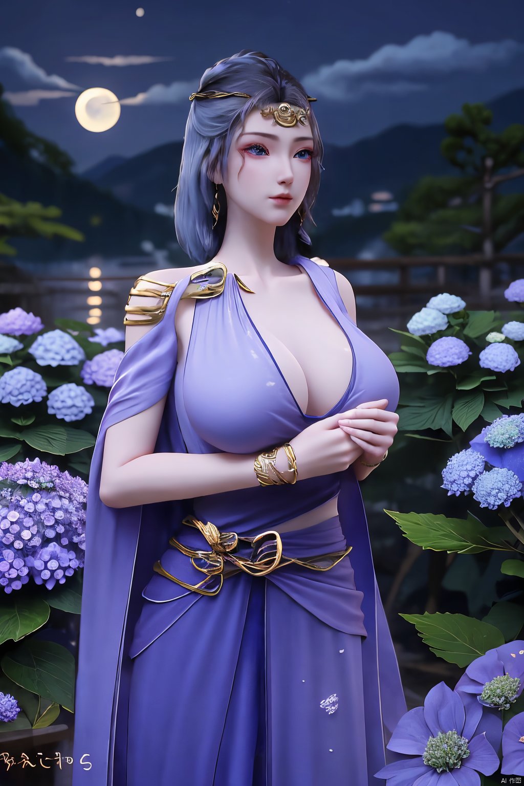 (Masterpiece:1.2), best quality,1girl,blue eyes,long white hair,silver crown,armor,headwear,gufeng,half body photo,petal,real,photo realistic,highly detailed,(masterpiece),(high quality),best quality,super detailed,full detail,4k,8k,(big breasts:1.5),X-Hydrangea,(full moon,Hydrangea:1.29),Xwensiyue