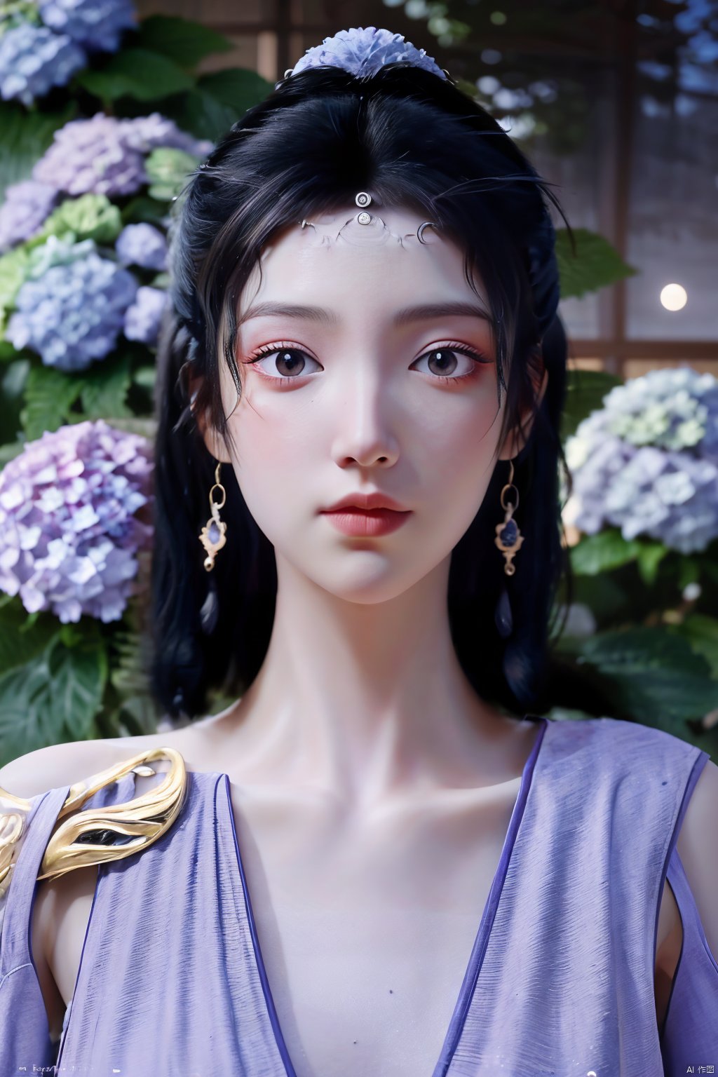 masterpiece,(best quality),official art,extremely detailed cg 8k wallpaper,(extremely delicate and beautiful),solo,realistic,photo_\(medium\),chinese clothes,blue dress,1girl,solo,blue eyes,earrings,mole,white hair,armor,crown,mole under eye,(big_breasts:1.39), Yunxiao_Fairy,X-Hydrangea, hanfu,(full moon,Hydrangea:1.59),Xwensiyue