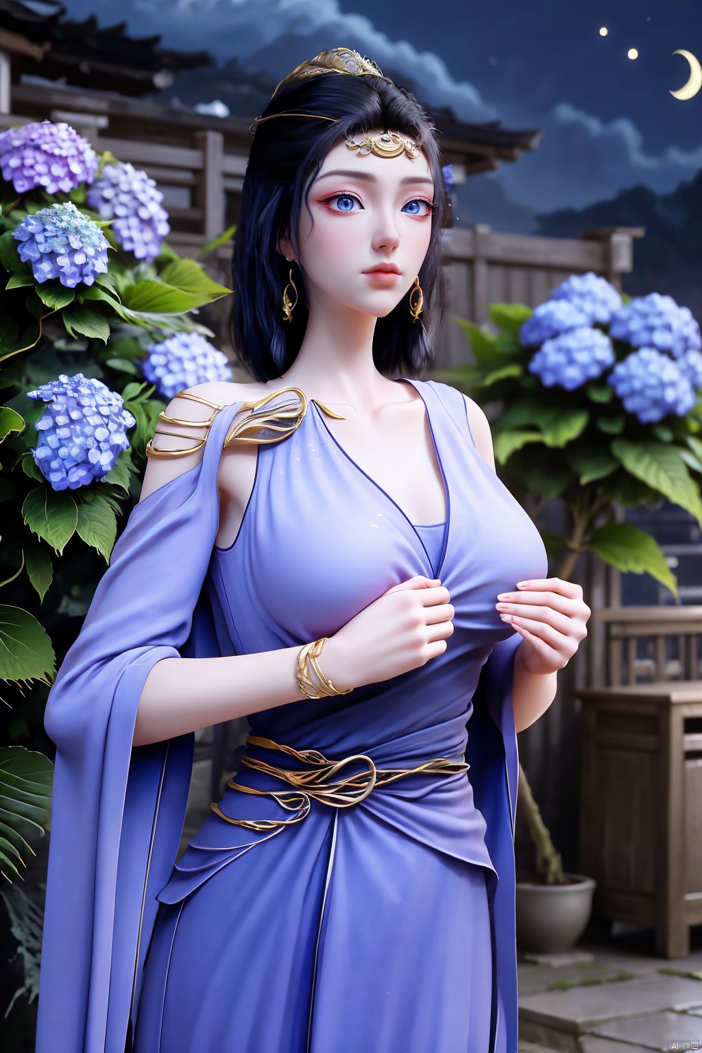 masterpiece,(best quality),official art,extremely detailed cg 8k wallpaper,(extremely delicate and beautiful),solo,realistic,photo_\(medium\),chinese clothes,blue dress,1girl,solo,blue eyes,earrings,mole,white hair,armor,crown,mole under eye,(big_breasts:1.39), Yunxiao_Fairy,X-Hydrangea, hanfu,(full moon,Hydrangea:1.39),Xwensiyue