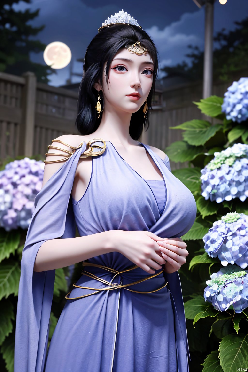 masterpiece,(best quality),official art,extremely detailed cg 8k wallpaper,(extremely delicate and beautiful),solo,realistic,photo_\(medium\),chinese clothes,blue dress,1girl,solo,blue eyes,earrings,mole,white hair,armor,crown,mole under eye,(big_breasts:1.39), Yunxiao_Fairy,X-Hydrangea, hanfu,(full moon,Hydrangea:1.59),Xwensiyue