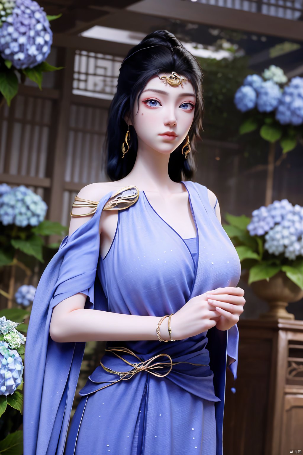 masterpiece,(best quality),official art,extremely detailed cg 8k wallpaper,(extremely delicate and beautiful),solo,realistic,photo_\(medium\),chinese clothes,blue dress,1girl,solo,blue eyes,earrings,mole,white hair,armor,crown,mole under eye,(big_breasts:1.39), Yunxiao_Fairy,X-Hydrangea, hanfu,(full moon,Hydrangea:1.39),Xwensiyue