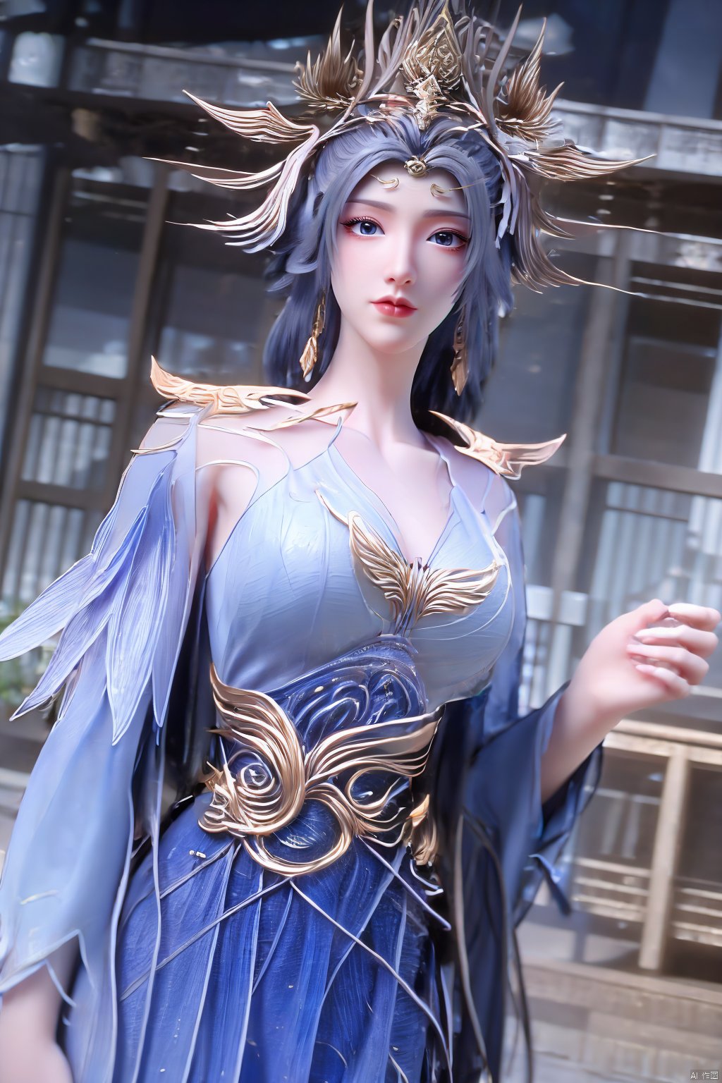 masterpiece,(best quality),official art,extremely detailed cg 8k wallpaper,(extremely delicate and beautiful),solo,realistic,photo_\(medium\),chinese clothes,blue dress,1girl,solo,blue eyes,earrings,mole,white hair,armor,crown,mole under eye,(big_breasts:1.39), Yunxiao_Fairy,X-Hydrangea, hanfu,(full moon,Hydrangea:1.39),Xwensiyue