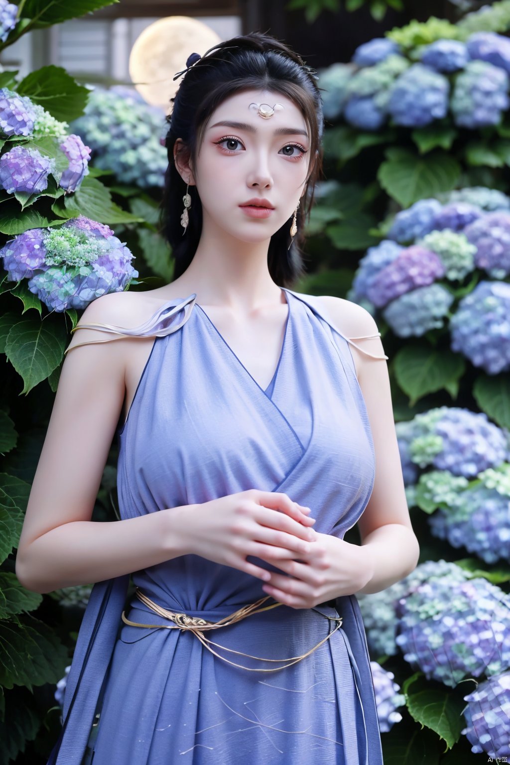 masterpiece,(best quality),official art,extremely detailed cg 8k wallpaper,(extremely delicate and beautiful),solo,realistic,photo_\(medium\),chinese clothes,blue dress,1girl,solo,blue eyes,earrings,mole,white hair,armor,crown,mole under eye,(big_breasts:1.39), Yunxiao_Fairy,X-Hydrangea, hanfu,(full moon,Hydrangea:1.59),Xwensiyue