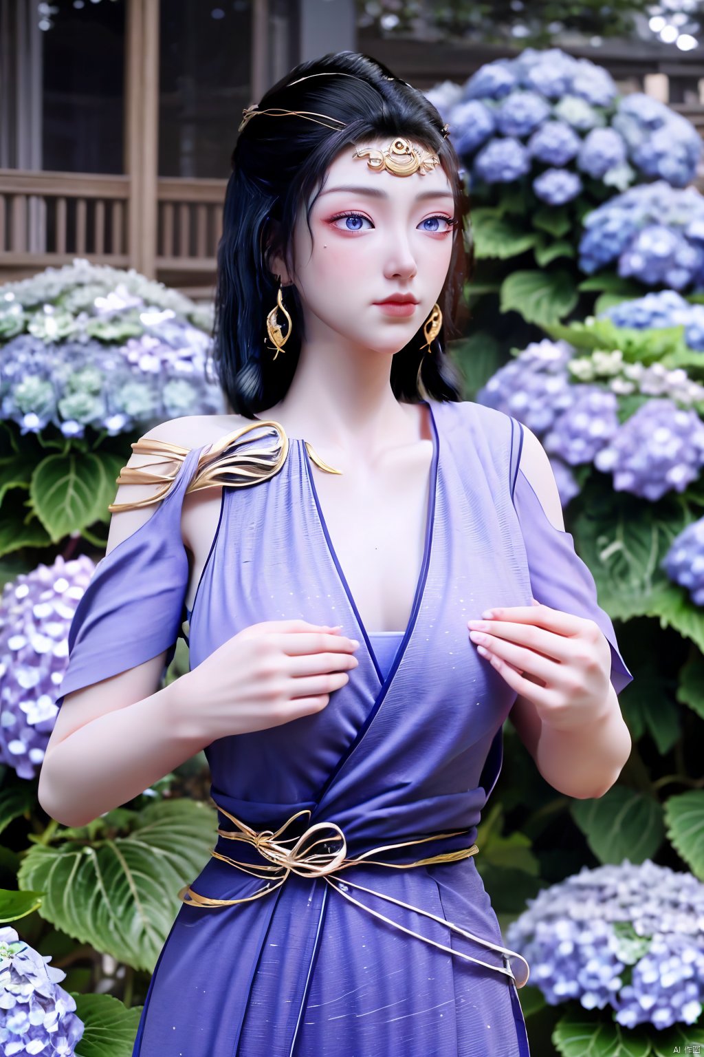 masterpiece,(best quality),official art,extremely detailed cg 8k wallpaper,(extremely delicate and beautiful),solo,realistic,photo_\(medium\),chinese clothes,blue dress,1girl,solo,blue eyes,earrings,mole,white hair,armor,crown,mole under eye,(big_breasts:1.39), Yunxiao_Fairy,X-Hydrangea, hanfu,(full moon,Hydrangea:1.59),Xwensiyue