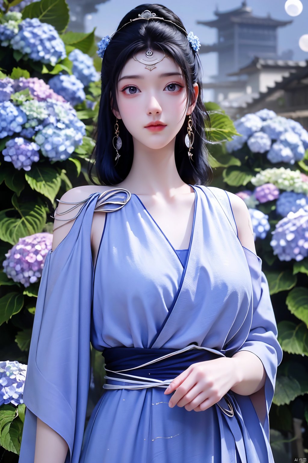 masterpiece,(best quality),official art,extremely detailed cg 8k wallpaper,(extremely delicate and beautiful),solo,realistic,photo_\(medium\),chinese clothes,blue dress,1girl,solo,blue eyes,earrings,mole,white hair,armor,crown,mole under eye,(big_breasts:1.39), Yunxiao_Fairy,X-Hydrangea, hanfu,(full moon,Hydrangea:1.59),Xwensiyue