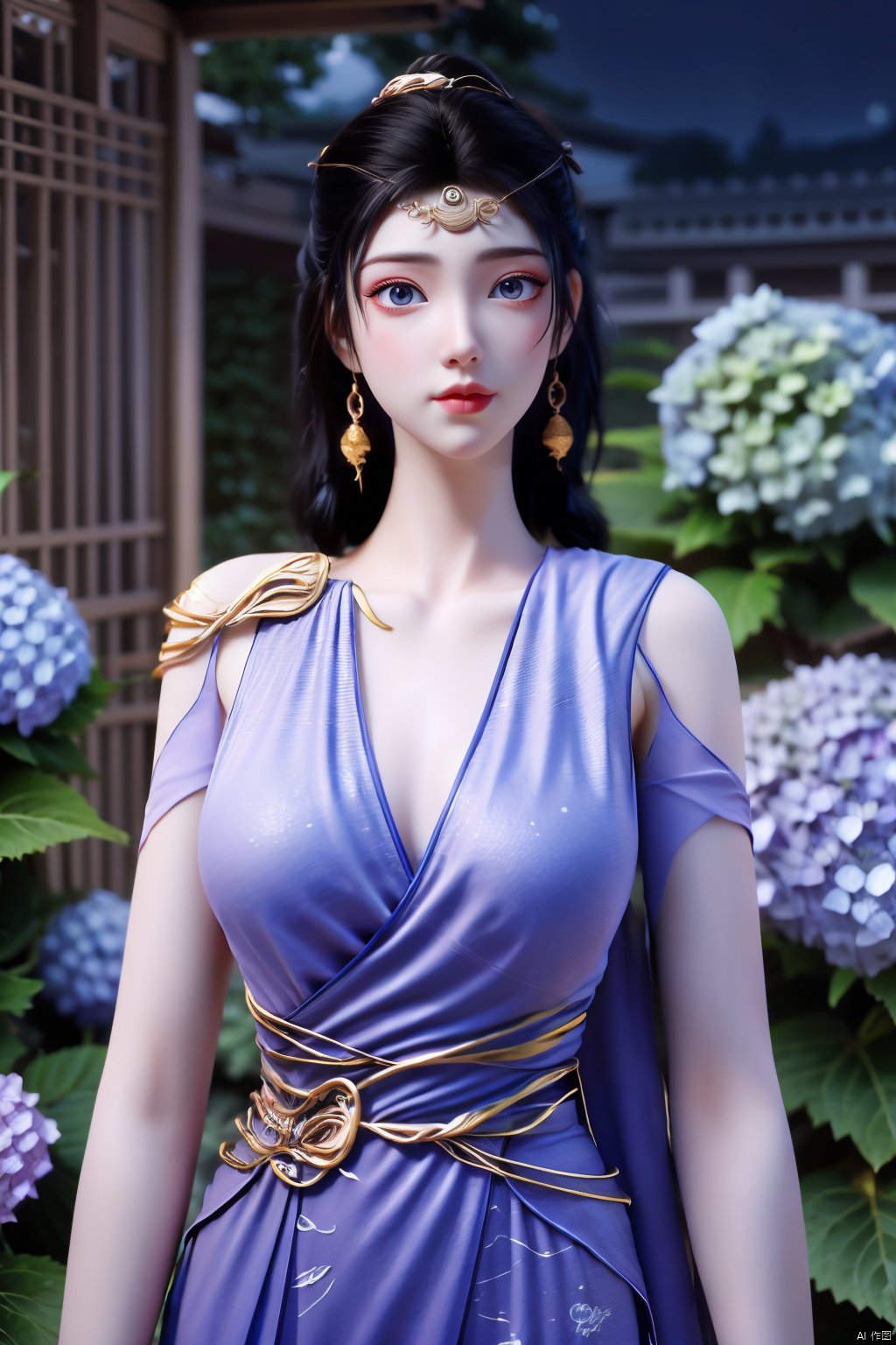 masterpiece,(best quality),official art,extremely detailed cg 8k wallpaper,(extremely delicate and beautiful),solo,realistic,photo_\(medium\),chinese clothes,blue dress,1girl,solo,blue eyes,earrings,mole,white hair,armor,crown,mole under eye,(big_breasts:1.39), Yunxiao_Fairy,X-Hydrangea, hanfu,(full moon,Hydrangea:1.39),Xwensiyue