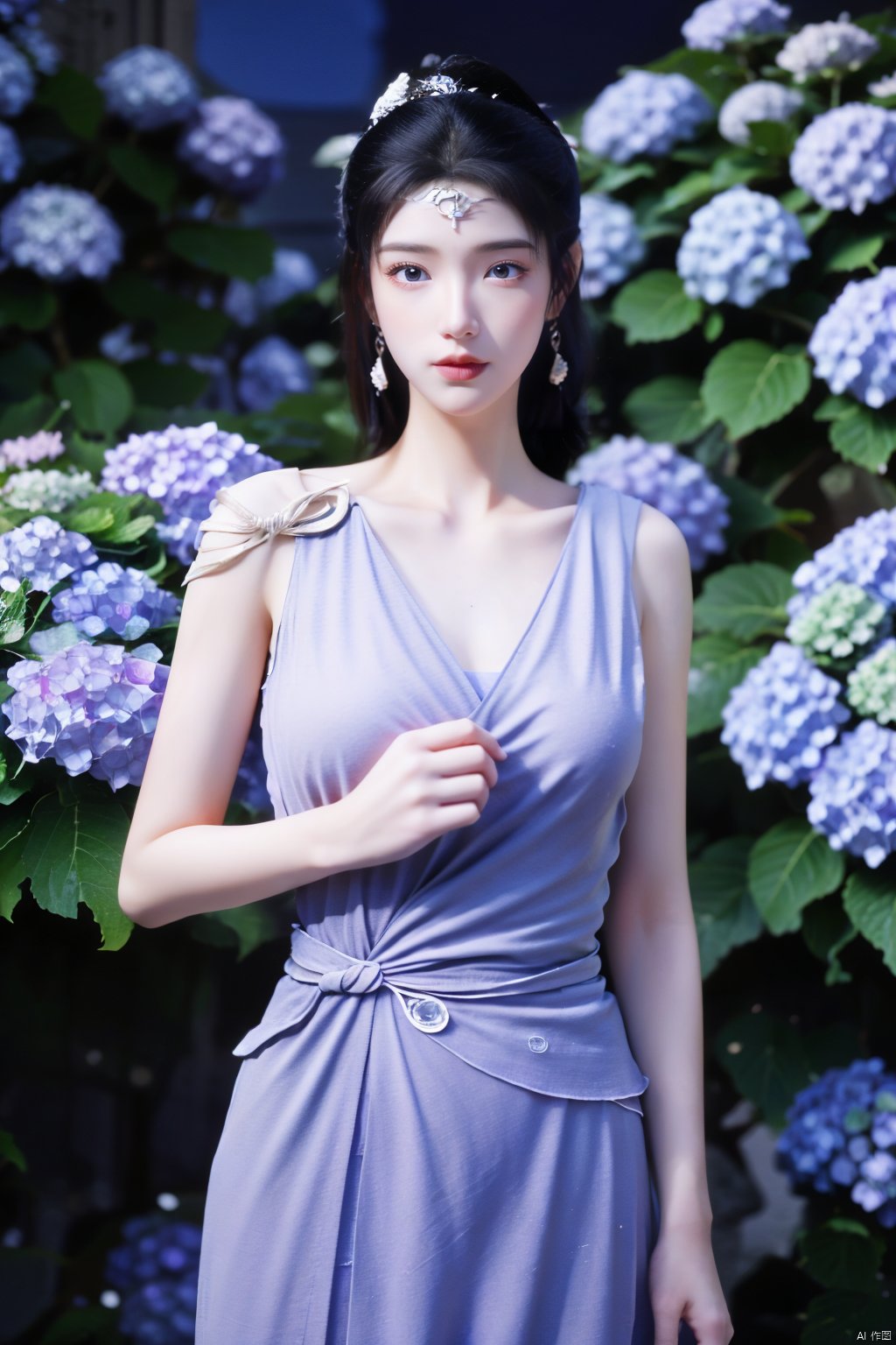 masterpiece,(best quality),official art,extremely detailed cg 8k wallpaper,(extremely delicate and beautiful),solo,realistic,photo_\(medium\),chinese clothes,blue dress,1girl,solo,blue eyes,earrings,mole,white hair,armor,crown,mole under eye,(big_breasts:1.39), Yunxiao_Fairy,X-Hydrangea, hanfu,(full moon,Hydrangea:1.59),Xwensiyue