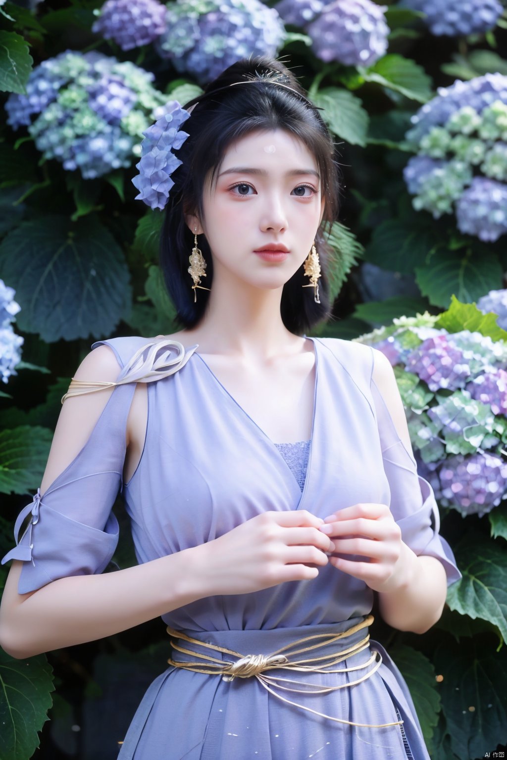 masterpiece,(best quality),official art,extremely detailed cg 8k wallpaper,(extremely delicate and beautiful),solo,realistic,photo_\(medium\),chinese clothes,blue dress,1girl,solo,blue eyes,earrings,mole,white hair,armor,crown,mole under eye,(big_breasts:1.39), Yunxiao_Fairy,X-Hydrangea, hanfu,(full moon,Hydrangea:1.59),Xwensiyue