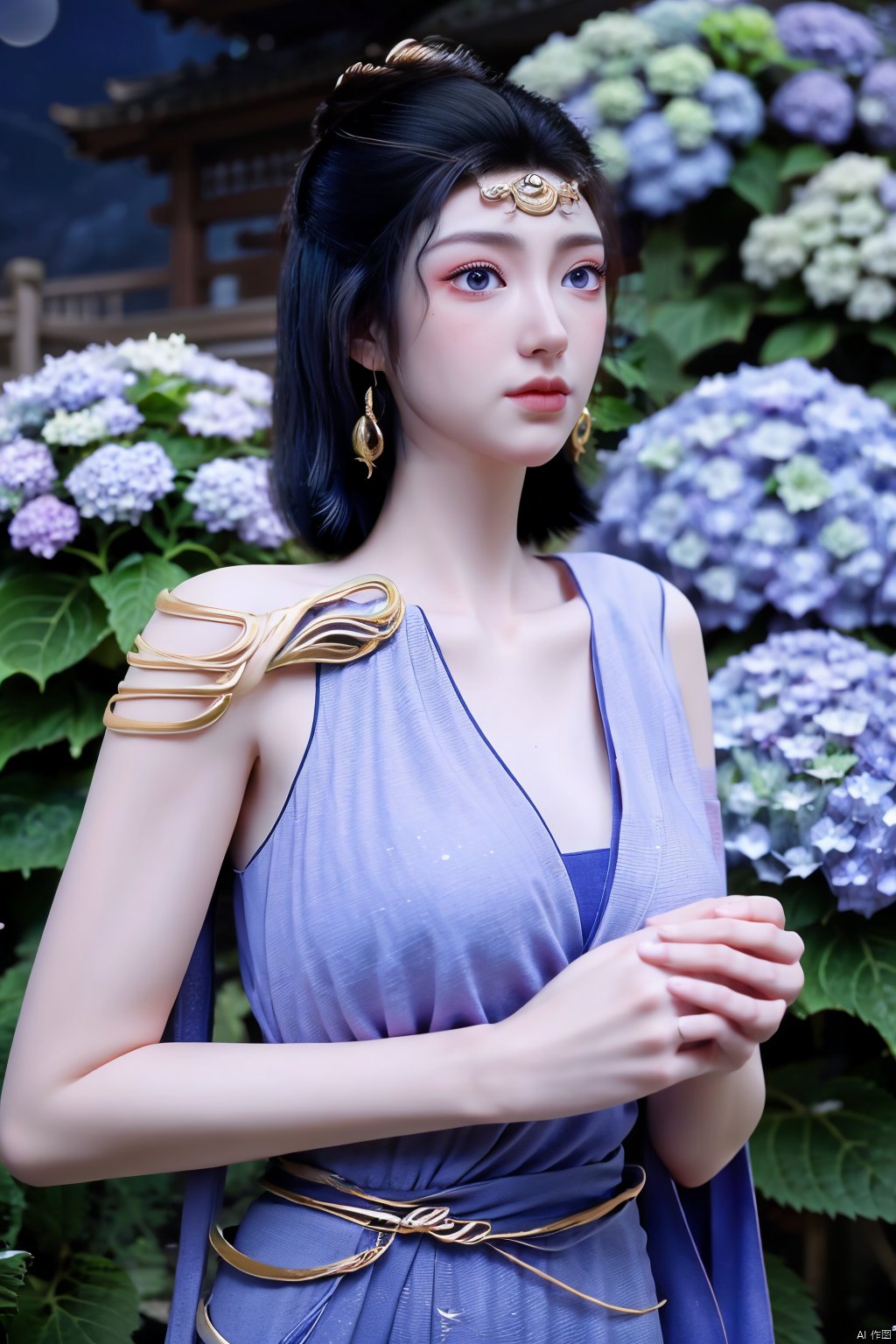 masterpiece,(best quality),official art,extremely detailed cg 8k wallpaper,(extremely delicate and beautiful),solo,realistic,photo_\(medium\),chinese clothes,blue dress,1girl,solo,blue eyes,earrings,mole,white hair,armor,crown,mole under eye,(big_breasts:1.39), Yunxiao_Fairy,X-Hydrangea, hanfu,(full moon,Hydrangea:1.39),Xwensiyue